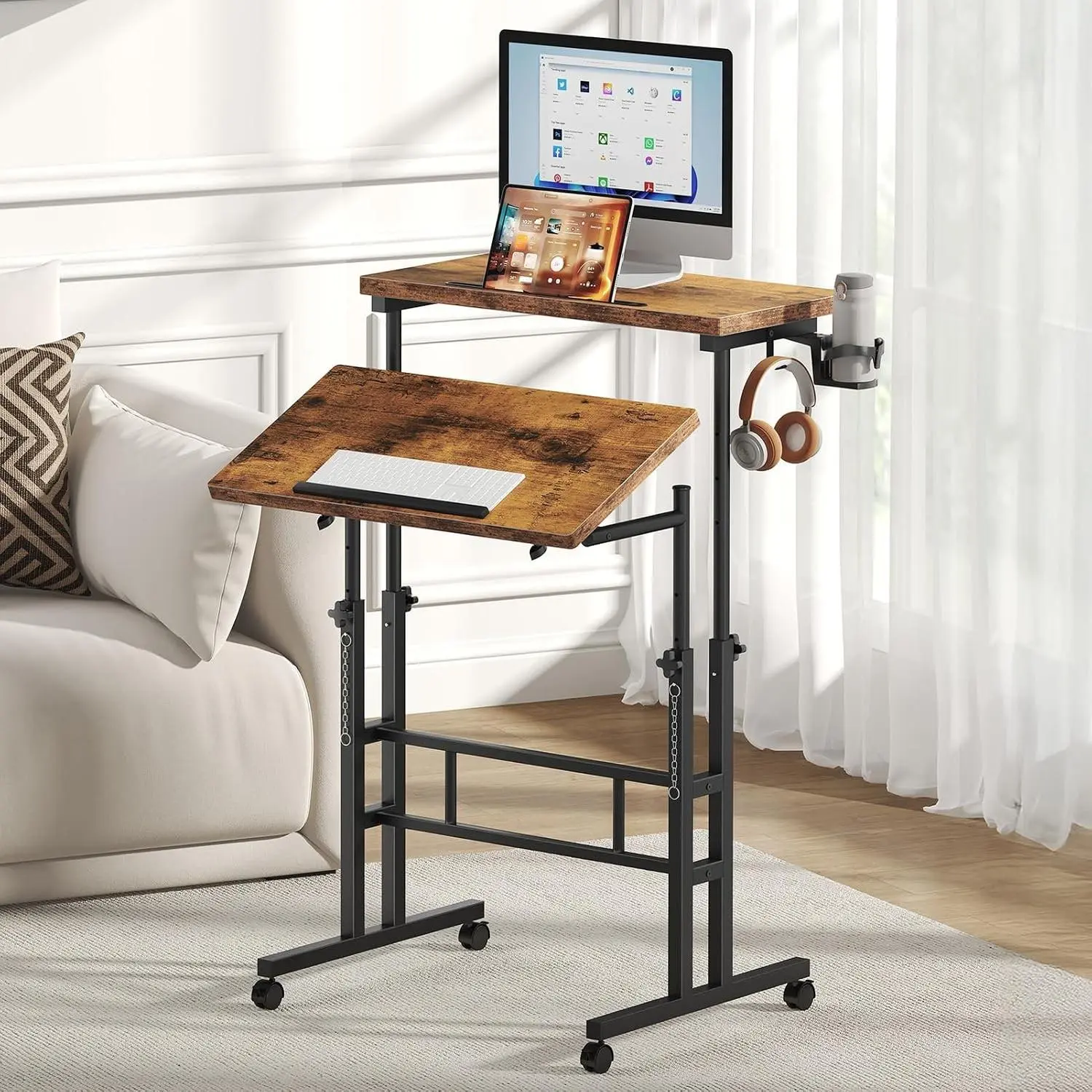 Rolling Standing Desk, Sit Stand Desk, Computer Cart | 23.6 Inch Width, Height Adjustable, Split Top, Mobile Laptop Workstation, Office Table, Portable Design, Rustic Brown