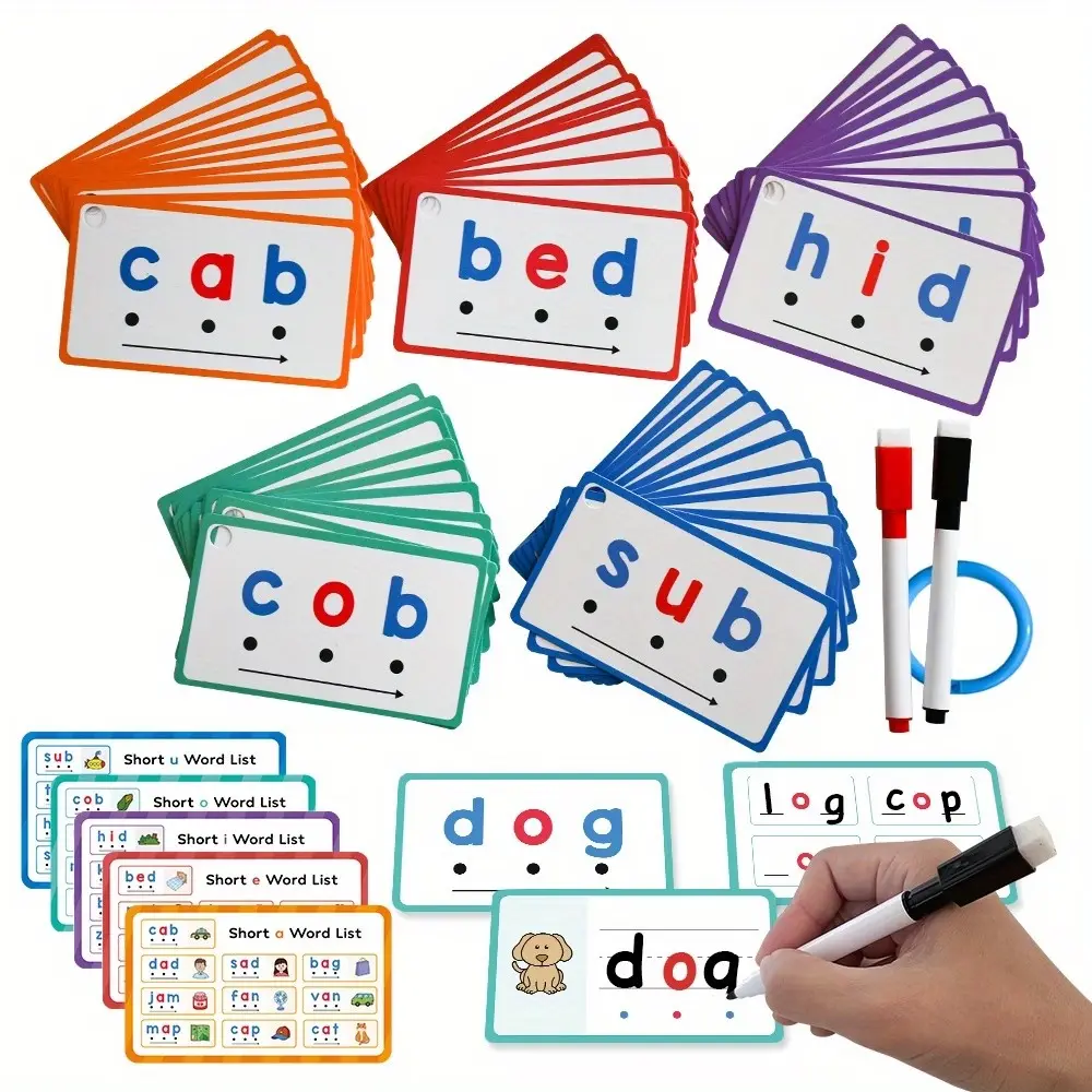 60pcs Learning Phonics CVC Words Writing Eraseable Flash Cards, Vowel Spelling Flashcards, Game Reading Phonics Word Builders Spelling Learning Aids Flash Cards Kindergarten Preschool Supplies gift, Christmas stocking stuffers