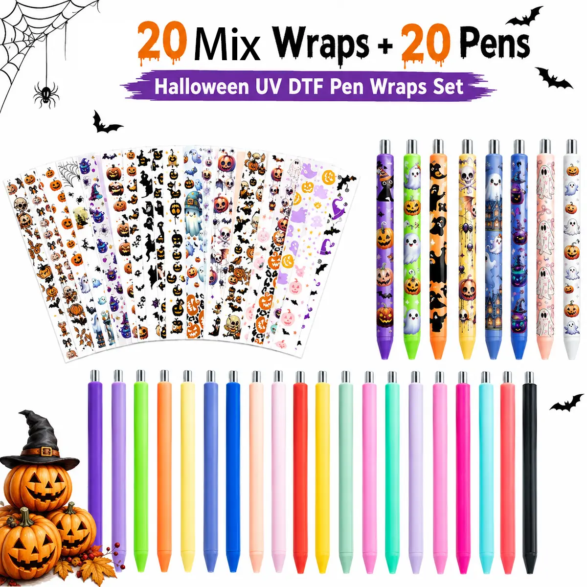 40pcs Halloween UV DTF Pen Wraps Set, 20pcs Random Sticker Wraps + 20pcs Color Pens, for Custom Pens, Spooky Party Favors, Classroom Crafts & Gifts