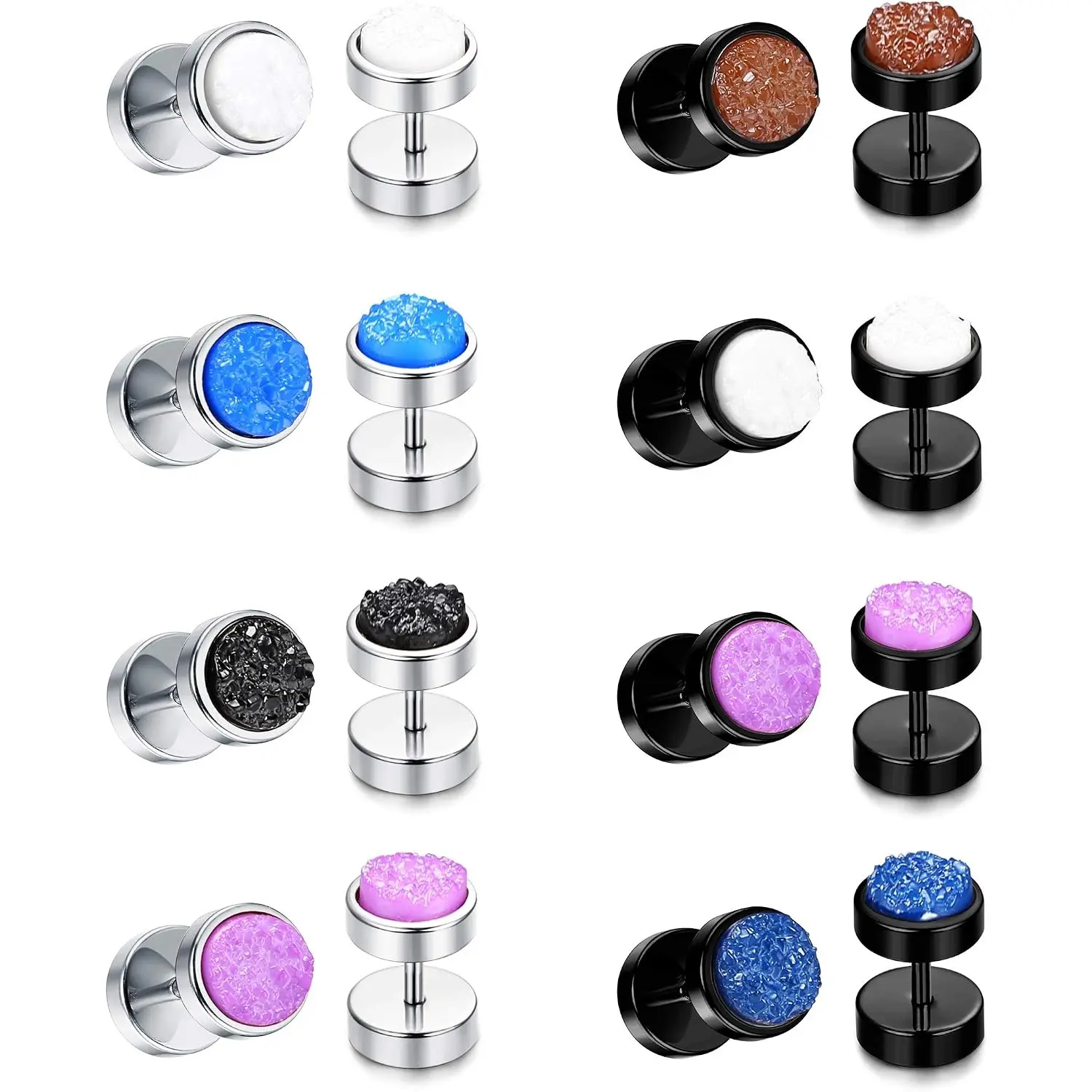 8 Pairs Illusion Tunnel Cheater Gauge Earrings Unisex, Stainless Steel Flat Circle Dumbbell Dot Stud Fake Ear Plugs Punk Non-Stretch Piercing Jewelry Gift