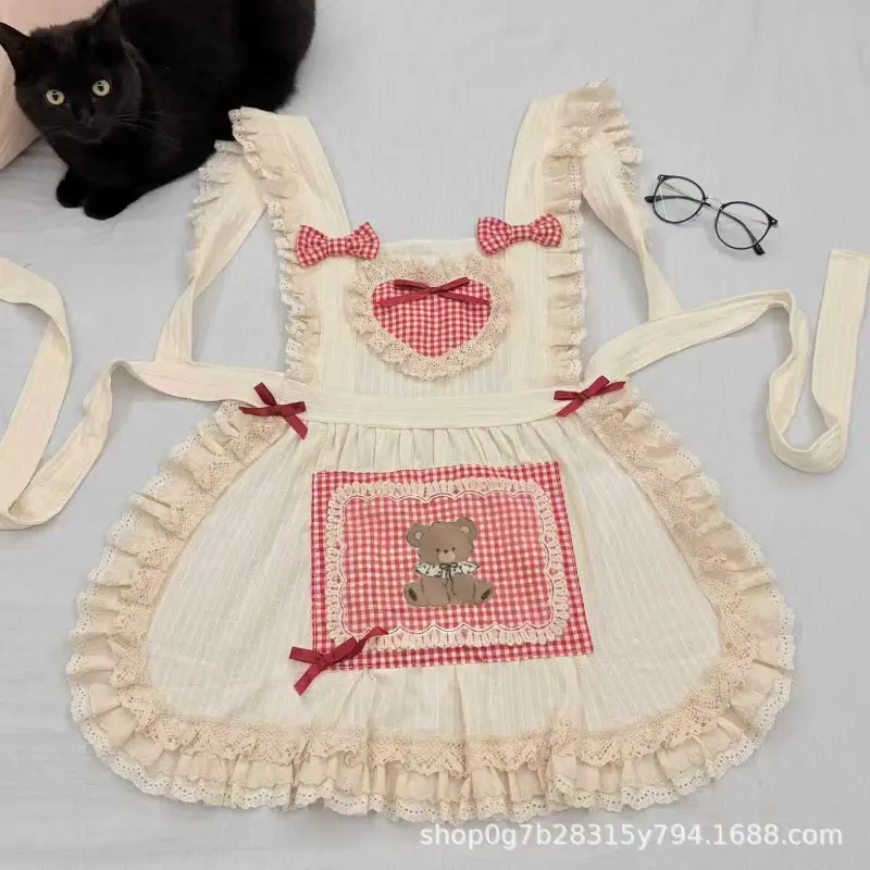 High-looks sweet apron, cute and soft little kitchen girl apron, versatile girl's heavy-duty lace thickened apron, Bear Lace Apron