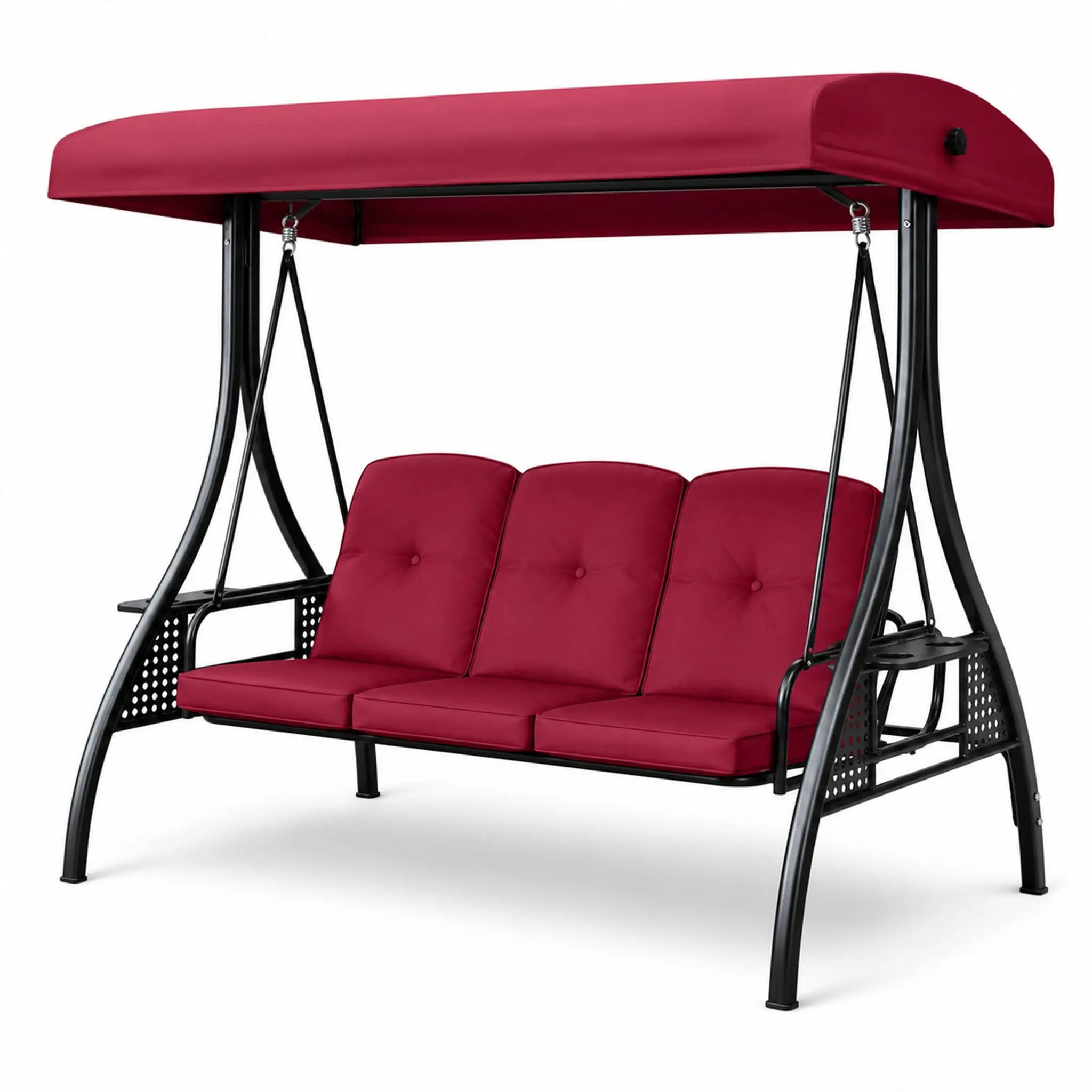 3-Seat Outdoor Porch Swing with Adjustable Canopy - Burgundy Heavy-Duty Steel Frame, Thick Cushions for Backyard, Patio