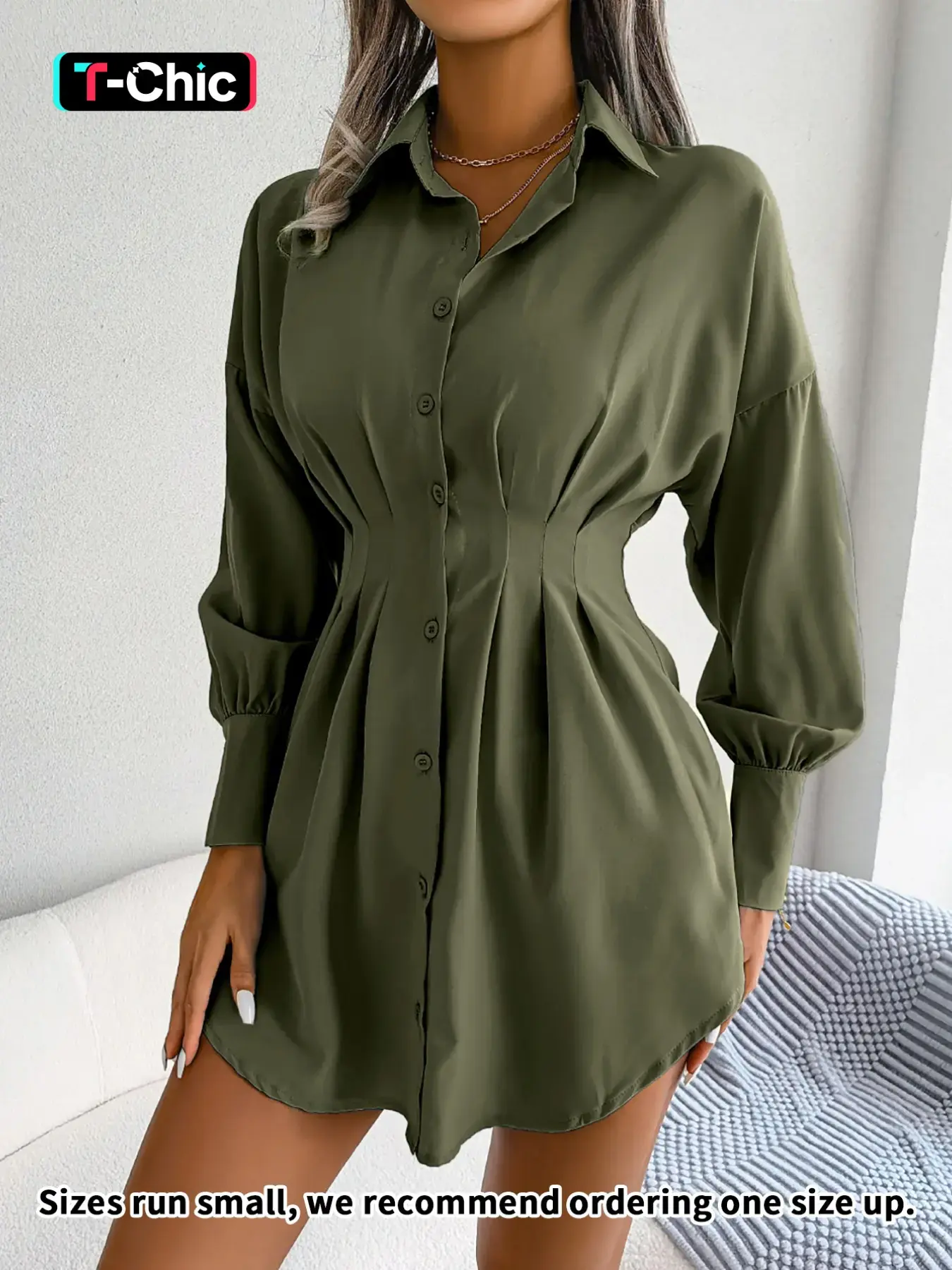 Women's Solid Curved Hem Ruched Button Front Shirt Dress, Casual Drop Shoulder Long Sleeve Short Dress for Spring & Fall, Women's Clothes, Womenswear
