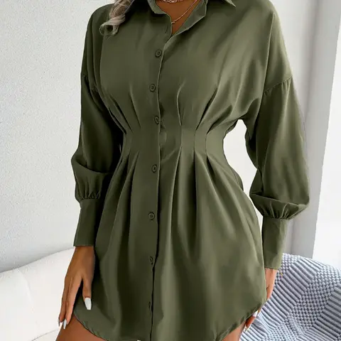 Women's Solid Curved Hem Ruched Button Front Shirt Dress, Casual Drop Shoulder Long Sleeve Short Dress for Spring & Fall, Dresses with Sleeves, Women's Clothes, Womenswear