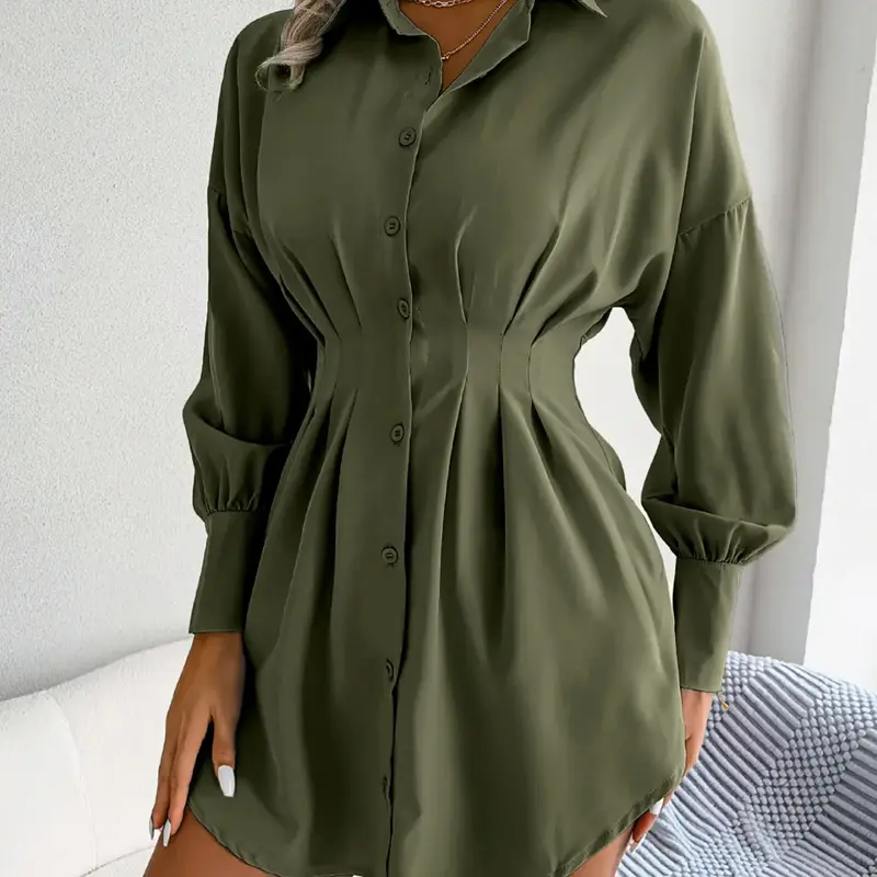 Women's Solid Curved Hem Ruched Button Front Shirt Dress, Casual Drop Shoulder Long Sleeve Short Dress for Spring & Fall, Dresses with Sleeves, Women's Clothes, Womenswear