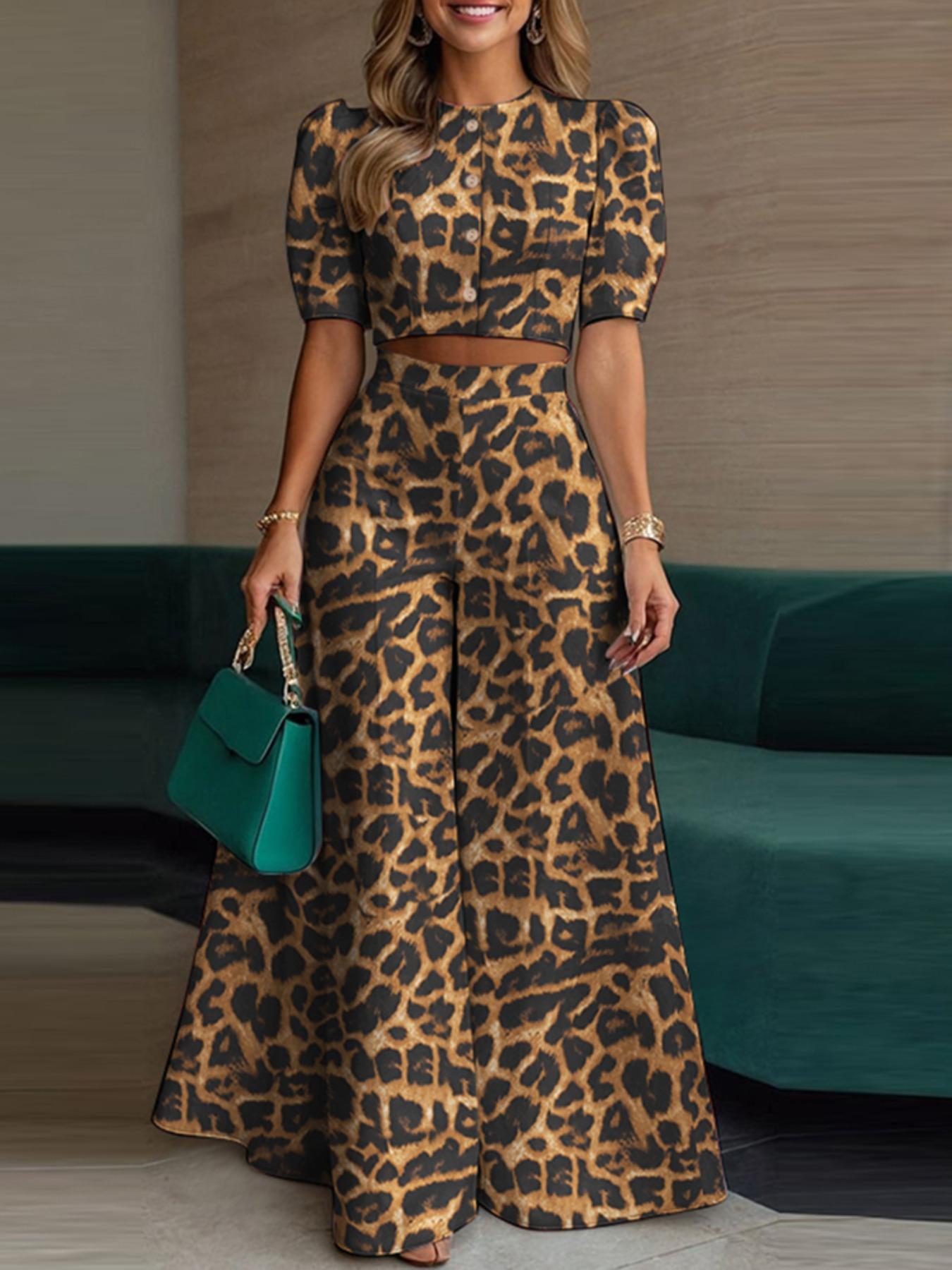 Two-Piece Set Women's Plain Woven Cropped Top & Elastic Waist Wide Leg Pants, Elegant Fashion Top & High Waist Trousers for Daily Wear, Womenswear for Summer