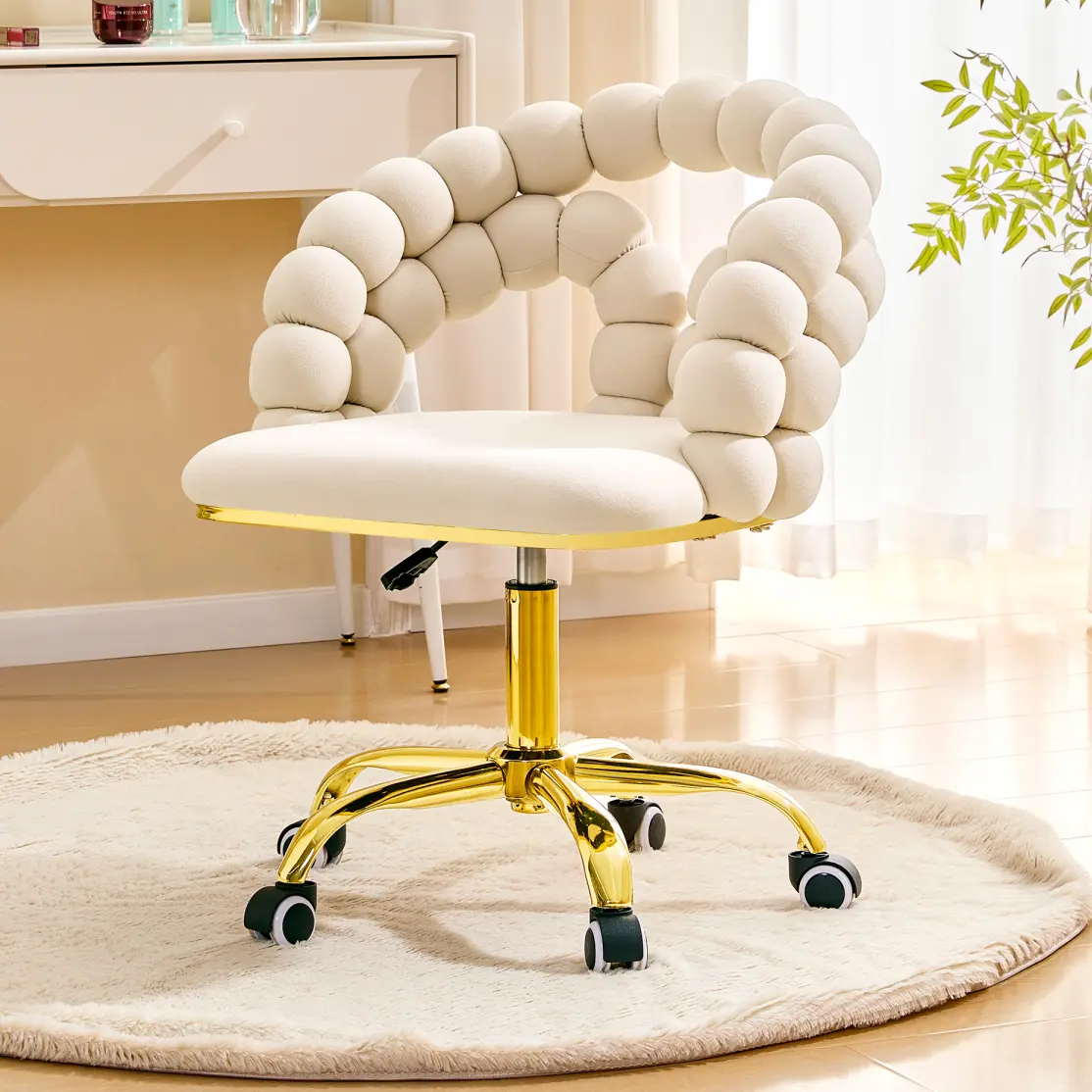 Velvet Bubble Back Criss Cross Swivel Chair with Wheels - Adjustable Ergonomic Chair, Gold Base, Gold Accent Glam for Makeup Room, Bedroom Vanity Desk