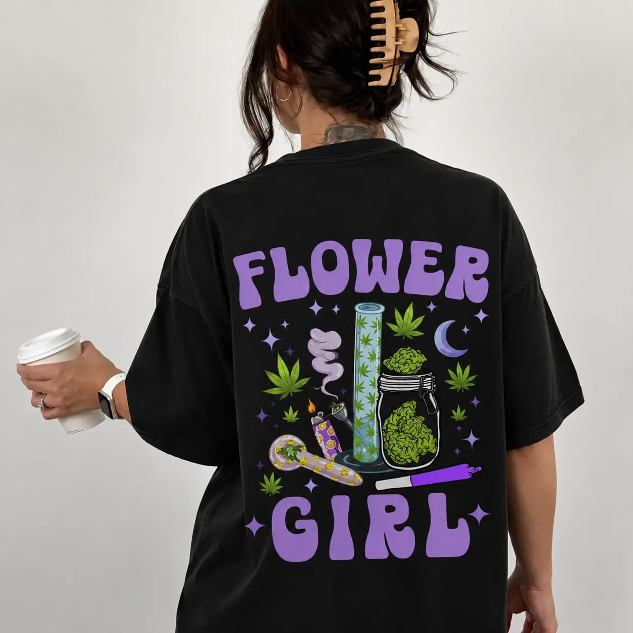 Limited Edition 420 Flower Girl Printed Women's Short Sleeve T Shirt, Trendy Aesthetic Casual Daily Top, Y2K Vintage Loose Fit Summer Outfit Gift For Her