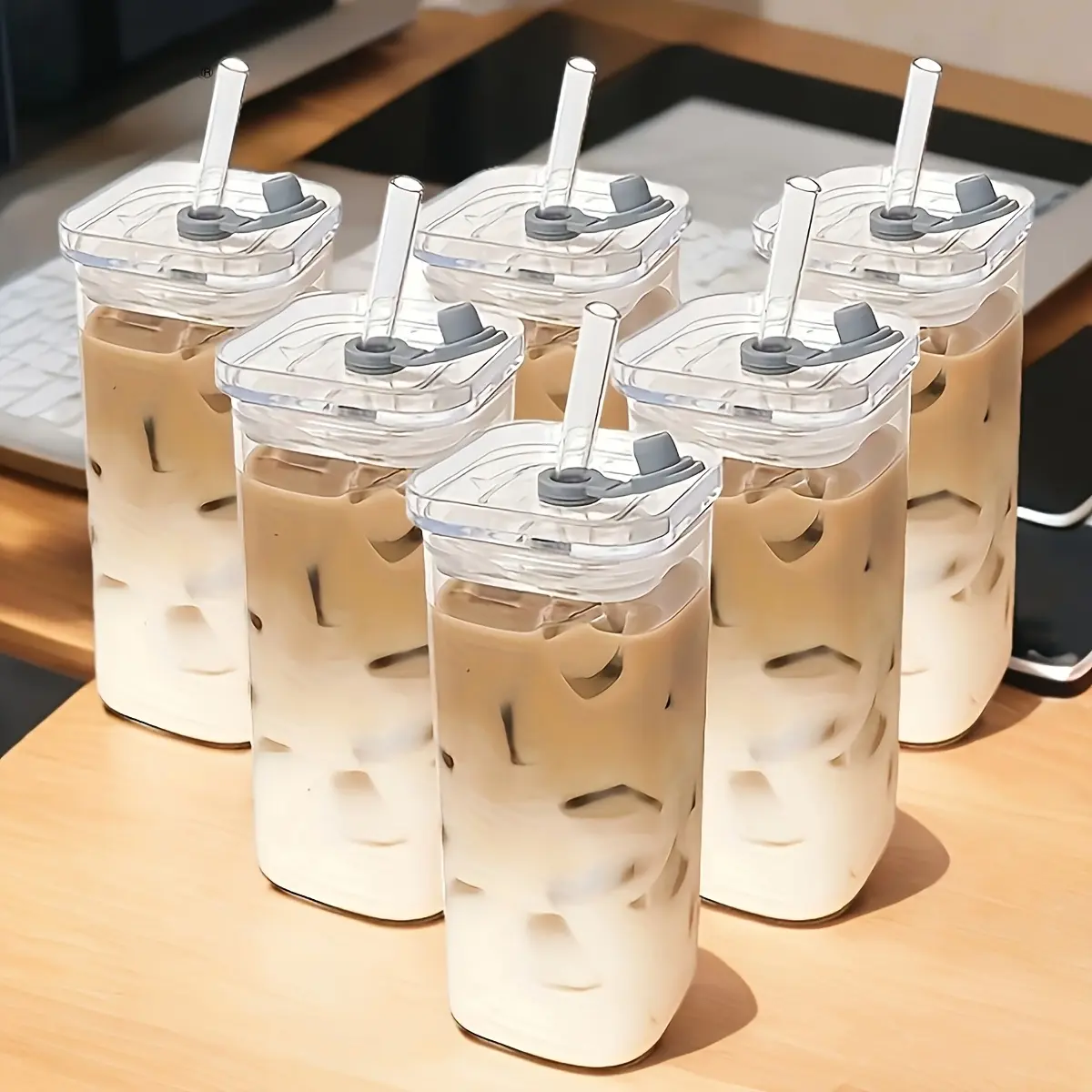 6-Piece square glass with lid, transparent milk tea cup, portable drinking cup, perfect coffee cup, including glass lid/straw, suitable for office, home, school and outdoor use