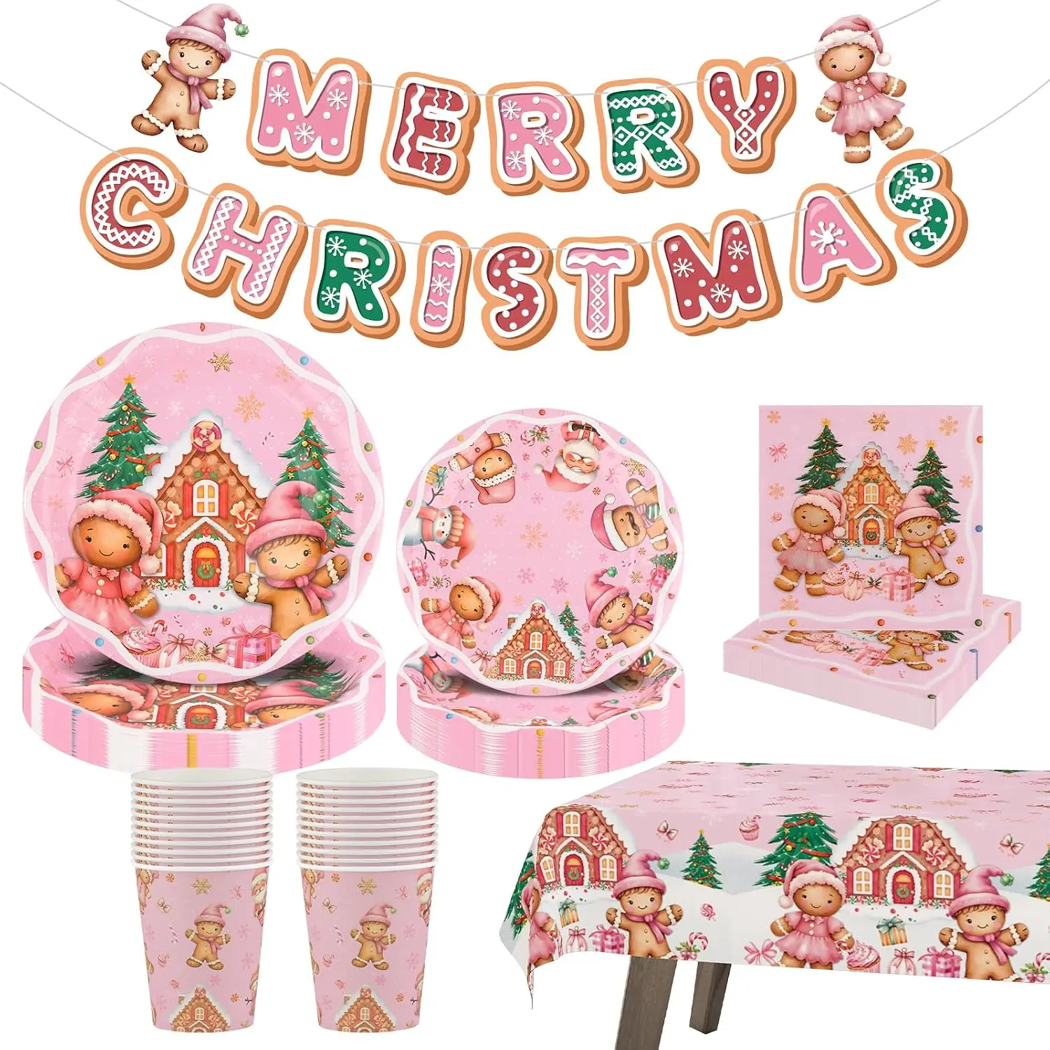 Christmas Gingerbread Party Decorations Set for 24 | Disposable Paper Plates and Napkins, Cups, Garland, Tablecloths, Merry Christmas Party Supplies for Birthday Table Decor