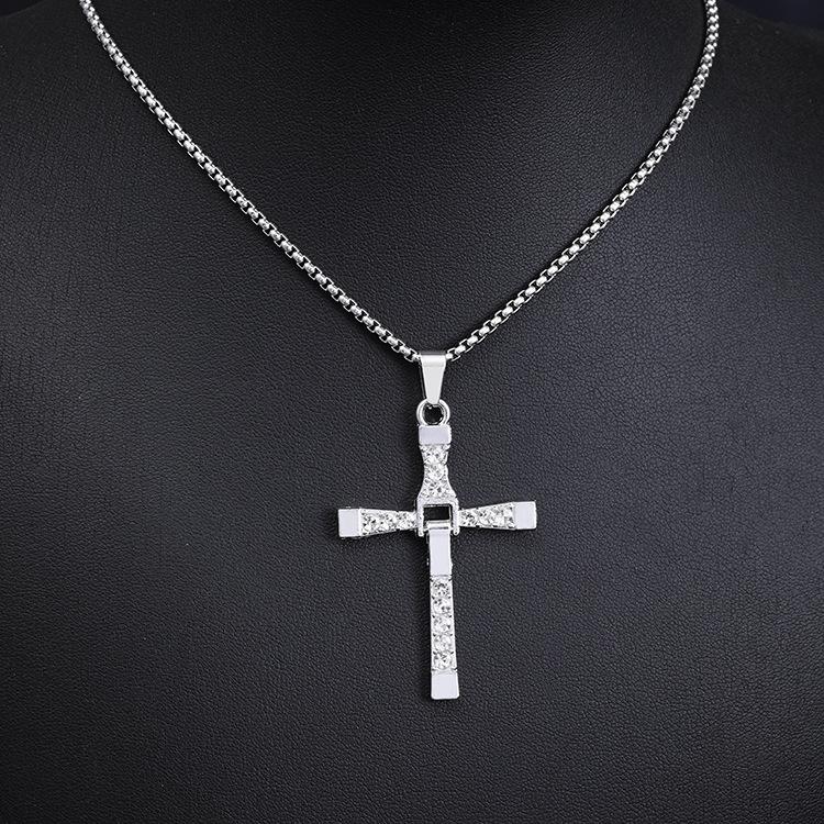 Fashion diamond-studded lock-style men's cross necklace, stainless steel cubic zirconia cross pendant with chain, hip-hop street style jewelry - inspirational pendant for motivation, religious charm gift for him