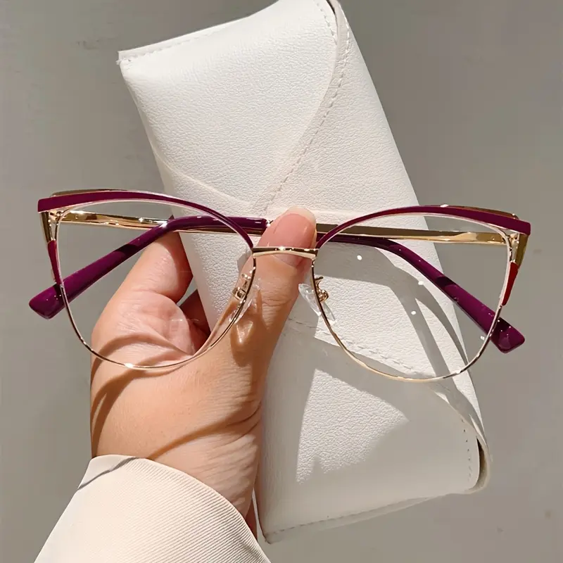 Women's New Cat-Eye Eyeglass Frames - 1 Pair High-End Metal Frames, Fashionable Elegant Red Flat Lenses, Female Wear Accessory