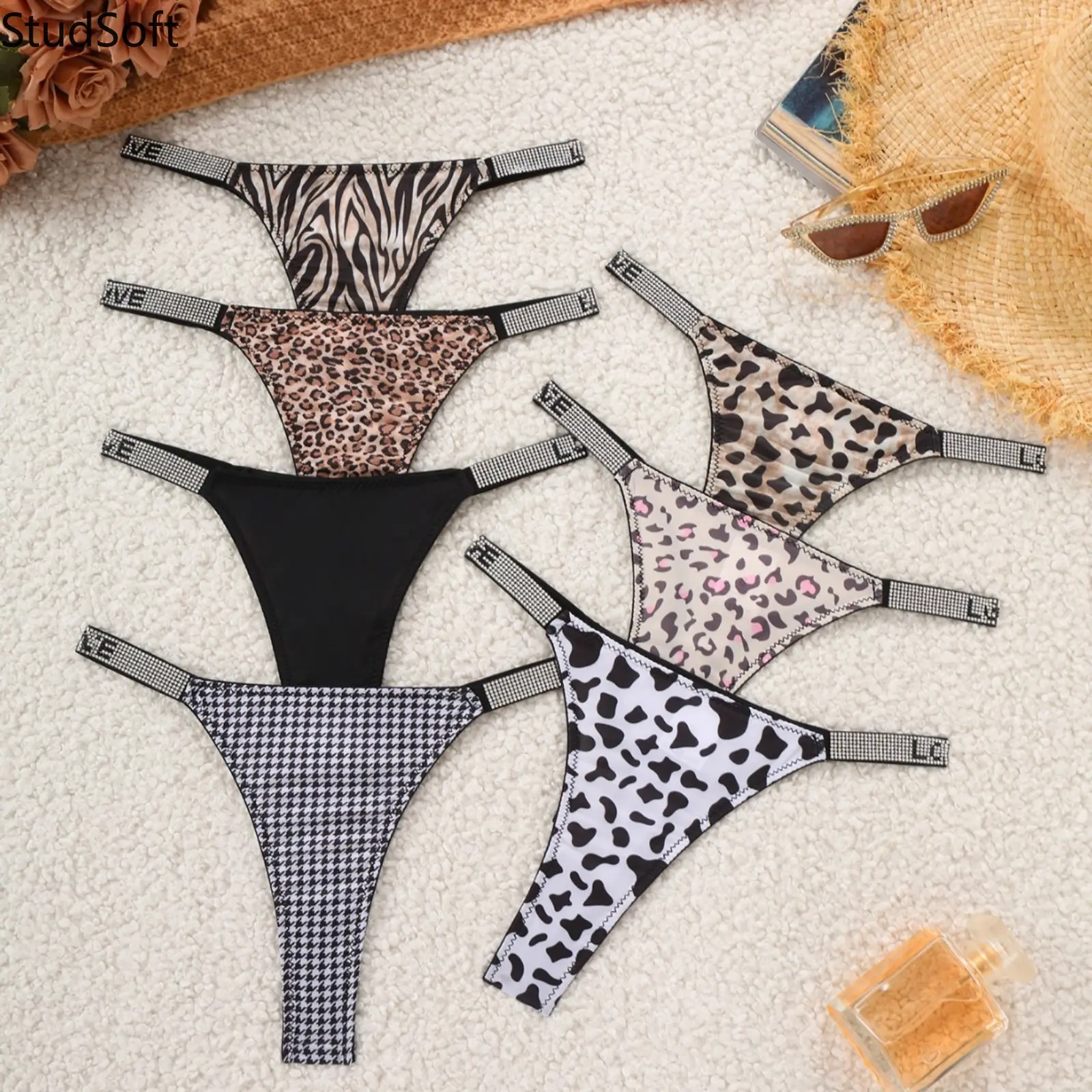 Sexy Rhinestone Letter Women's Panties 7 Pack Animal Print Low Rise Bikini T Back Underwear Multipack