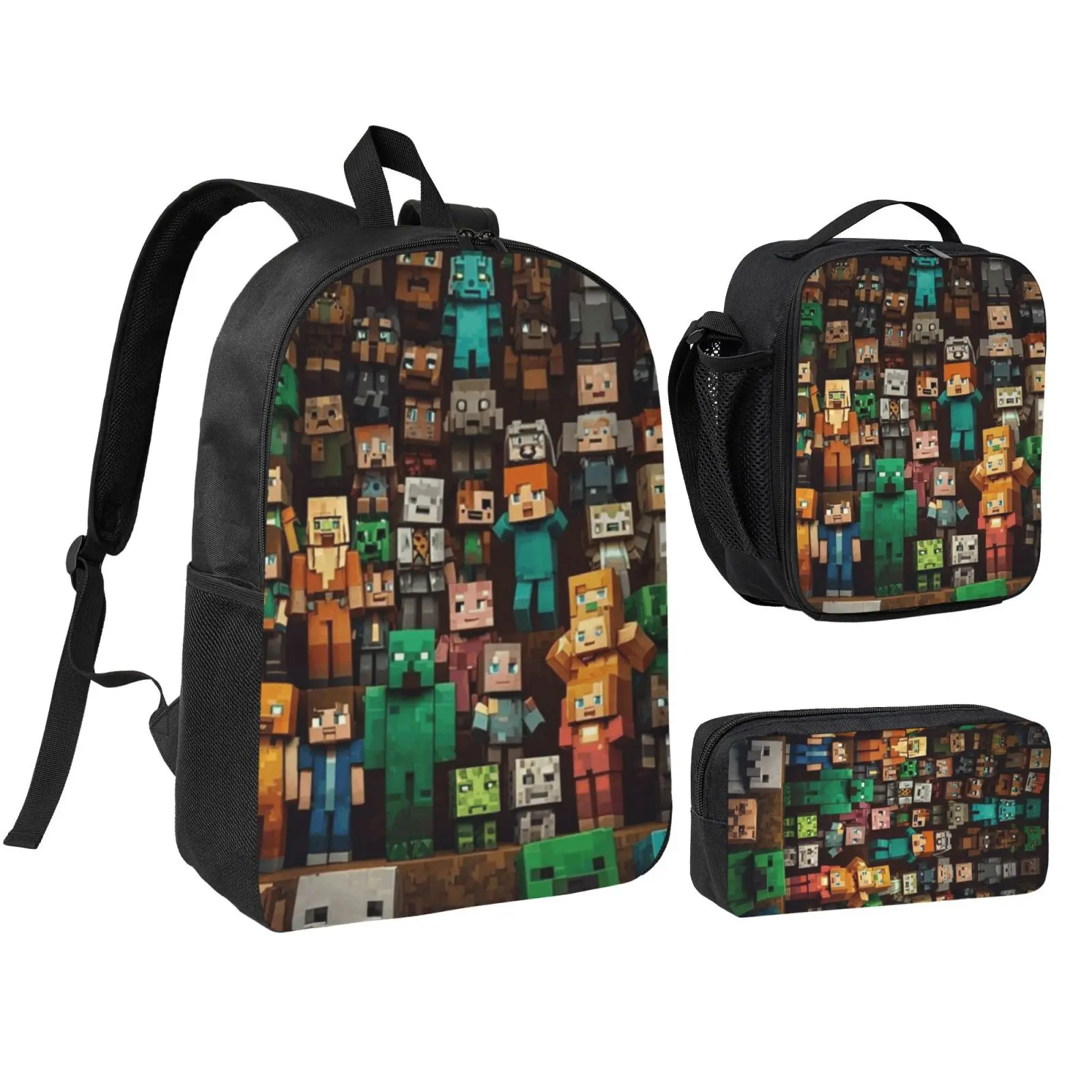 Anime Minecraft3 3Pcs School Backpack Set for Teen Boys Girls, Adjustable Shoulder Straps Lightweight Bookbag with Insulated Lunch Bag & Pencil Case, School bag, Travel Office Daily Bag