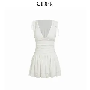 Cider Jacquard V-neck Ruffled Ruched Mini Dress Dealsforyou