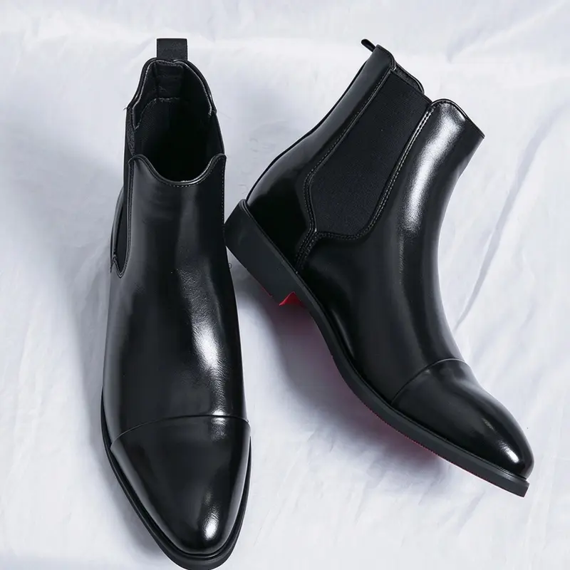 Men's Chelsea Red Sole Ankle Boots, Black Formal Short Boots, Daily Comfort Slip-On, Fashionable Pointed Toe, Business Dress Boots, Suitable for Office, Party, Wedding Wear, Footwear