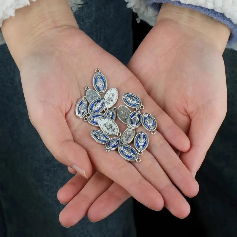 20 Pieces of Grace Mary Miracle Pendants - Blue Enamel Catholic Rosary Beads for Necklaces and Jewelry