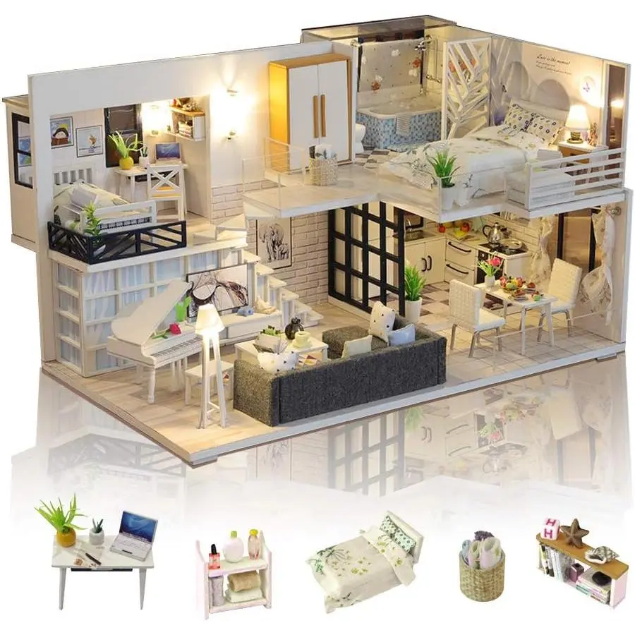 DIY Miniature Dollhouse Kit with Furniture, 1:24 Scale Tiny House Kit, Needs About 30 Hours Assembly, Great Handmade Crafts Gift for Birthday Christmas, Life House (No Dust Cover)