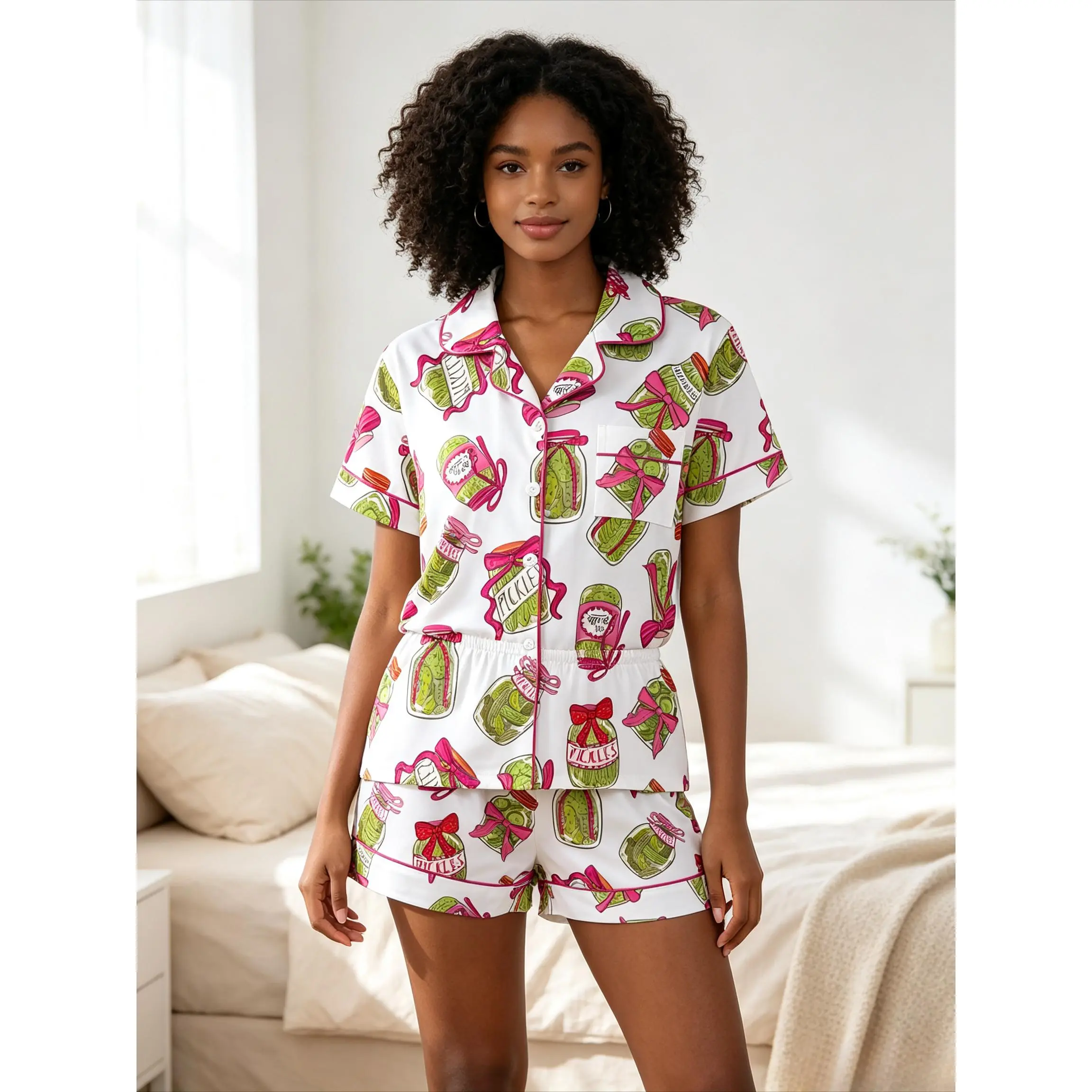 Women's 2-Piece Pajama Set Loungewear Nightwear, Fun Pickle All-Over Print Short-Sleeved Lapel Button-Down Top & Loose Elastic Waist Shorts, All-Season Sleepwear
