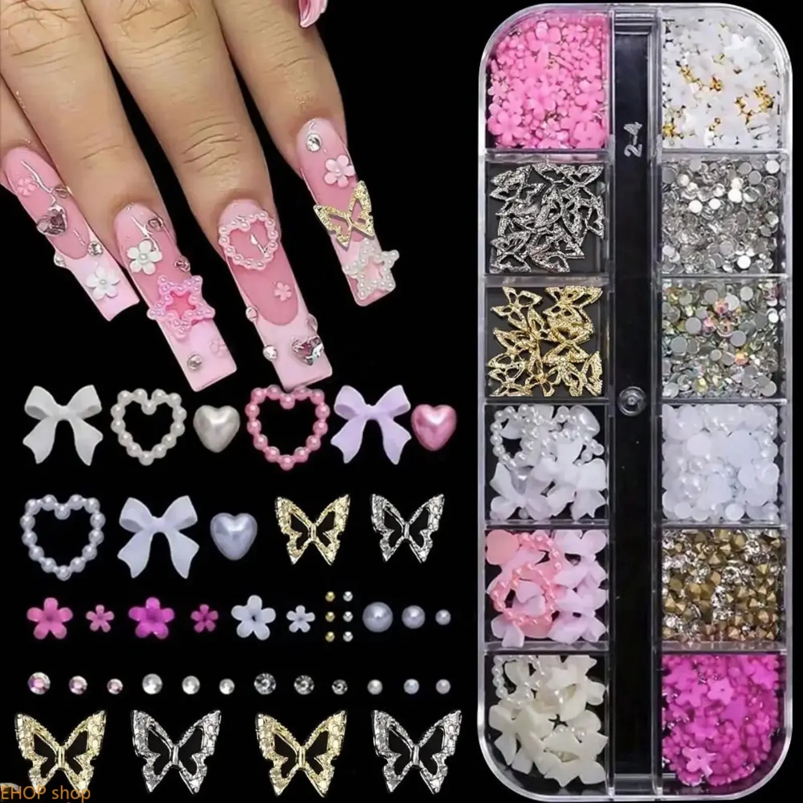 Mixed Nail Art Charms Kit, Multi-grid Storage Box with Rhinestones, Sequins & 3D Metal Decor, Assorted Floral, Butterfly & Star Accessories for DIY Home Manicure and Salon Use, Diy Manicure, Home Salon Use