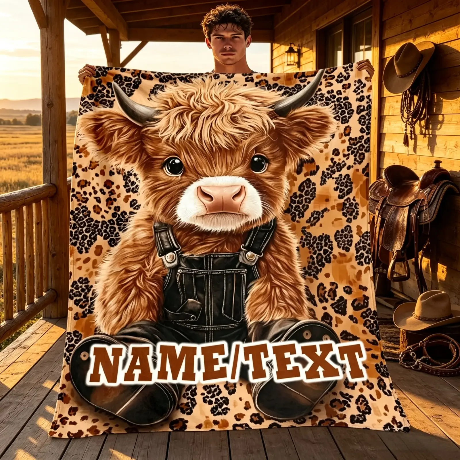 Custom Name Highland Cow Flannel Throw Blanket Personalized Farmhouse Animal Print Soft Cozy Lightweight Fleece Blanket for Sofa Bed Office Travel Home Decor Rustic Style Gift for Women Family All Season