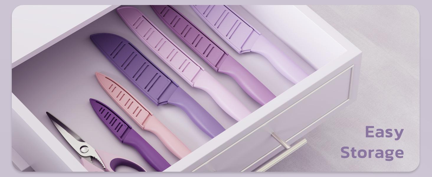 Knife Set, 13 Pieces Kitchen Knives Set with Healthy Anti-Rust Coating, Dishwasher Safe, Stainless Steel Chef Knife Sets with 6 Blade Guards, Perfect Holiday Gifts for Kitchen Purple