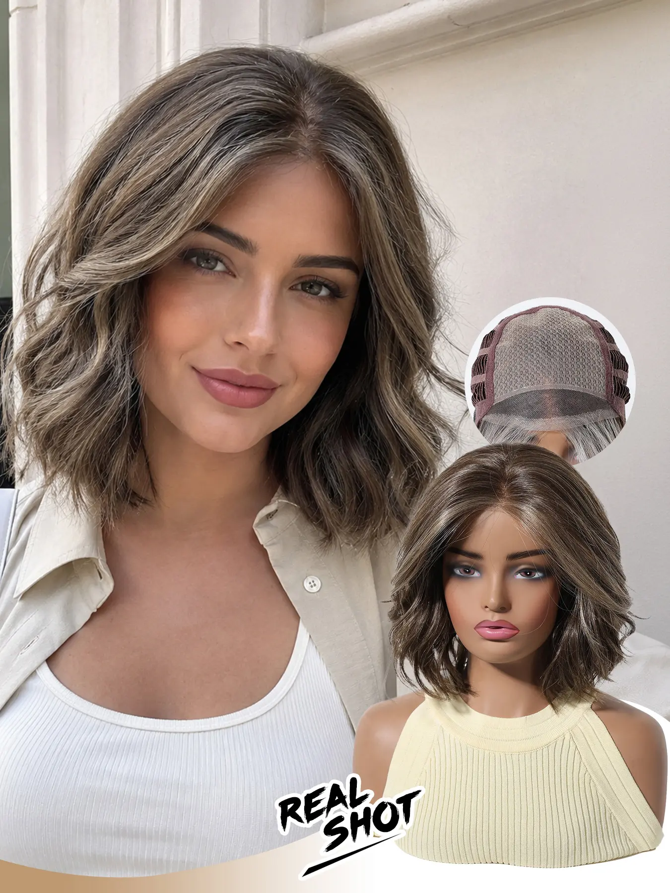 Mono Realistic Scalp Short Wave Wig, Natural Look Hair Volume Design, Ash Highlights, Lightweight Breathable Daily Use