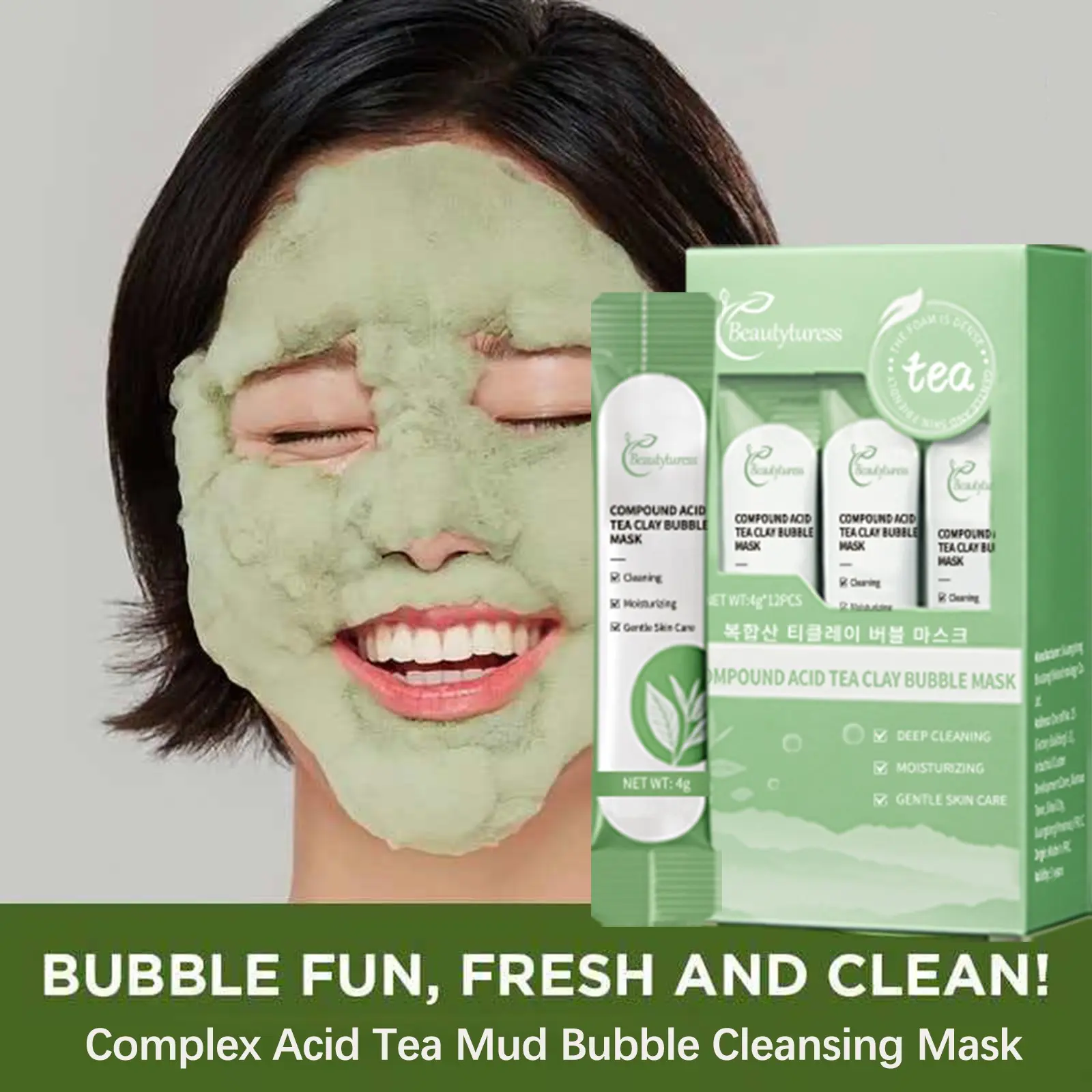 Composite Acid Tea Mud Bubble Mask, Deep Cleansing, Oil Control, Portable Mud Mask, Daily Skincare, 1 Box, Beauty Care Essentials