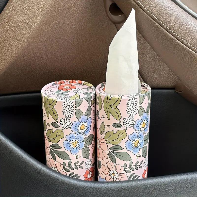 Flower Pattern Car Tissue Box, Car Seat Cylindrical Tissue Holder and Tissue Dispenser, Car Interior Accessories for Women & Girls