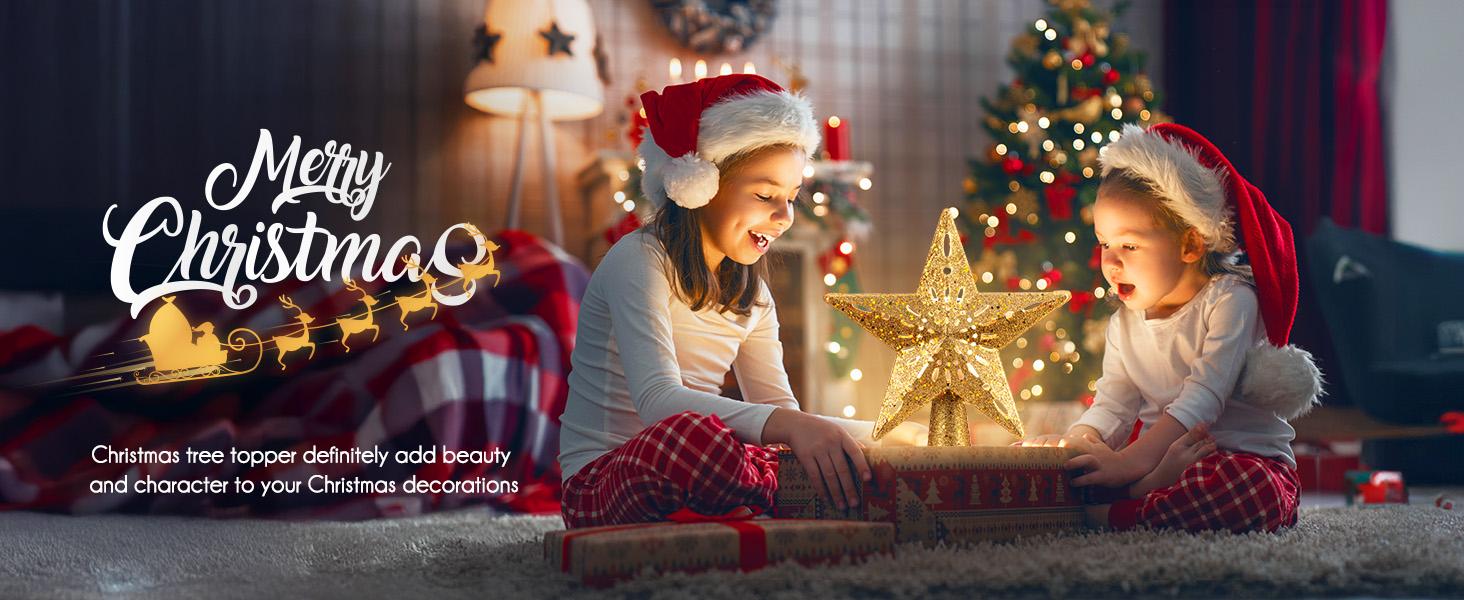 Christmas Star Tree Topper with Built-in Led Snowflake Projector Lights Hollowed Pentagram Tree Topper,Plug in Christmas Tree Ornament for Indoor Office Xmas New Year Holiday Tree Decoration