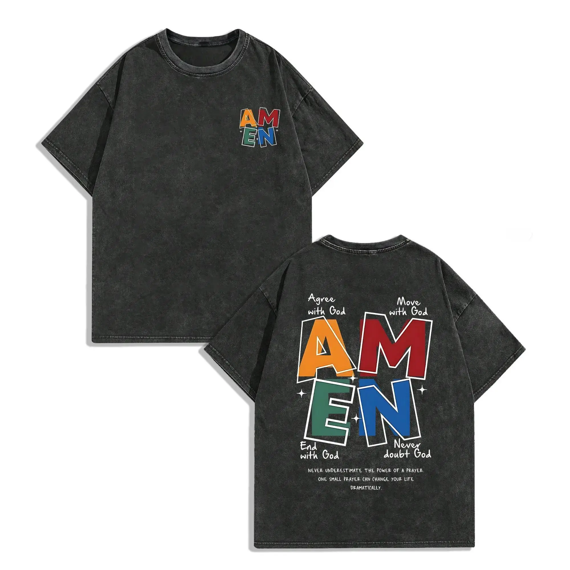 AMEN Classic Letter Header T-Shirt for Men Women Vintage Distressed 230g Washed Cotton Casual Fit God Bless (washed cotton) You Design Faith Christian Patriotic