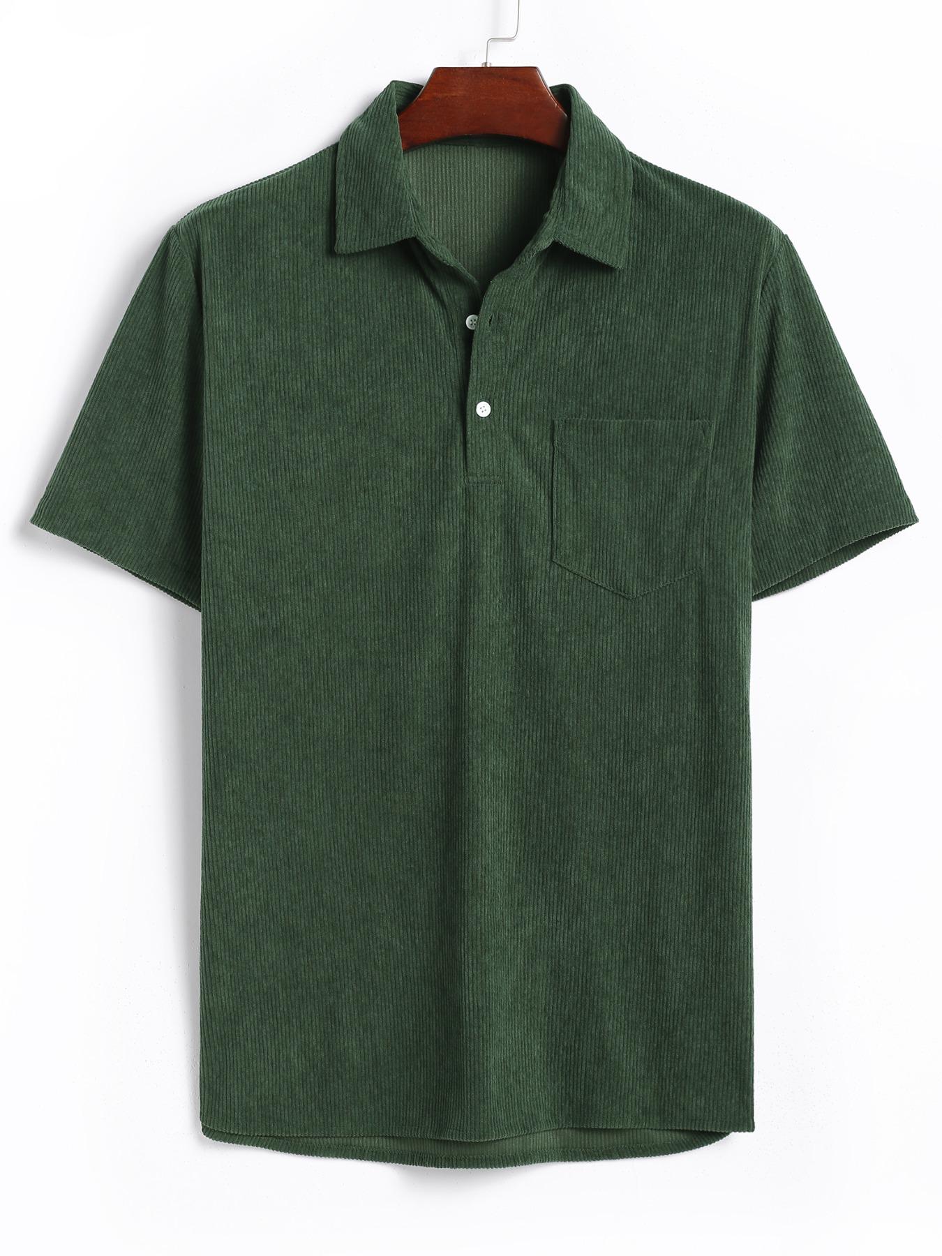 Men's Corduroy Pocket Short Sleeve Shirt, Ink, Casual Loose-Fitting Top, All Seasons, Plain Pattern, H Type,Men's Corduroy Pocket Short Sleeve Shirt, Dark Casual Loose Fit Top, All Seasons Woven Fabric, Moderate Thickness, Casual Comfy Collared