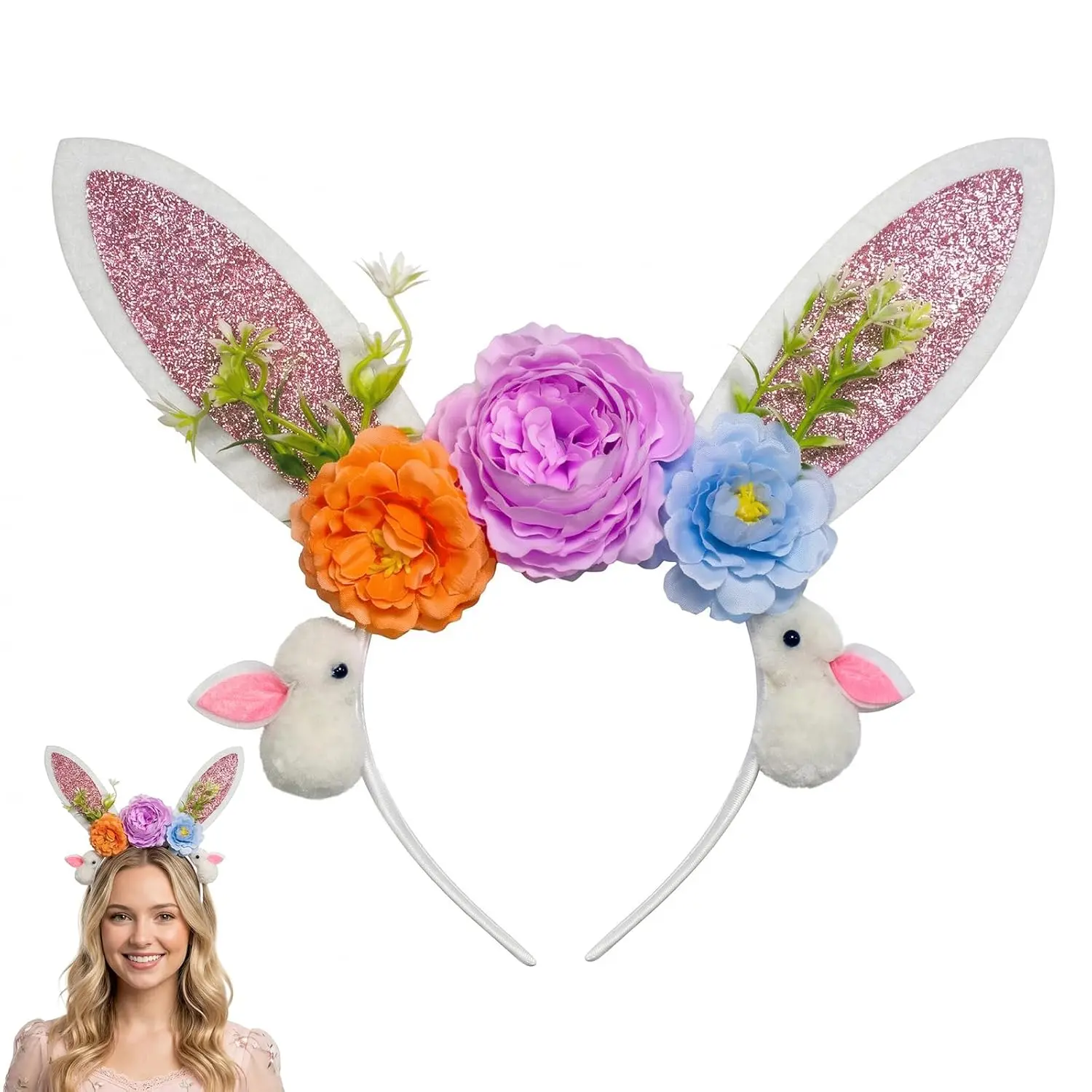 Easter Bunny Ear Headband with Floral Decorations, Glitter  Ears Hair Hoop for Women and Girls, Spring Party Hair Accessories for Photo Props,