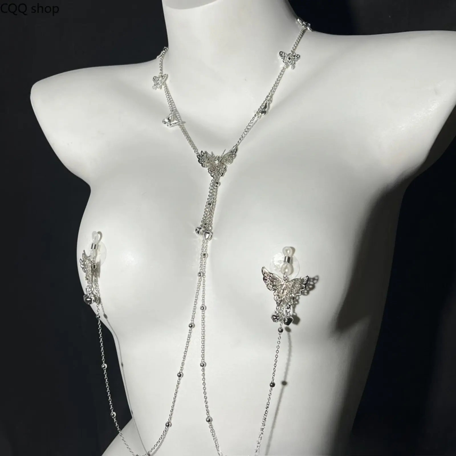 Female Butterfly Bell Pendant Integrated Choker Body Jewelry Set, Adjustable Breast Clip Chest Decor, Independent Pack Evening Accessory for Rave Festival Outfits
