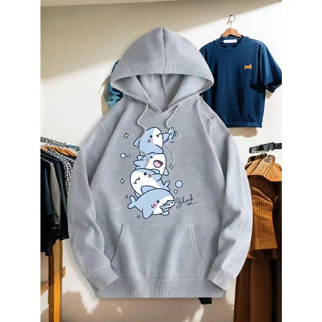 Cute Stack Shark Graphic Oversized Cotton Hoodie, Soft Comfort Fashion Daily Outfit, Perfect Valentine's Day Holiday Gift For Lover Friend, Kawaii Blue Shark Print Hooded Sweatshirt For Men Women