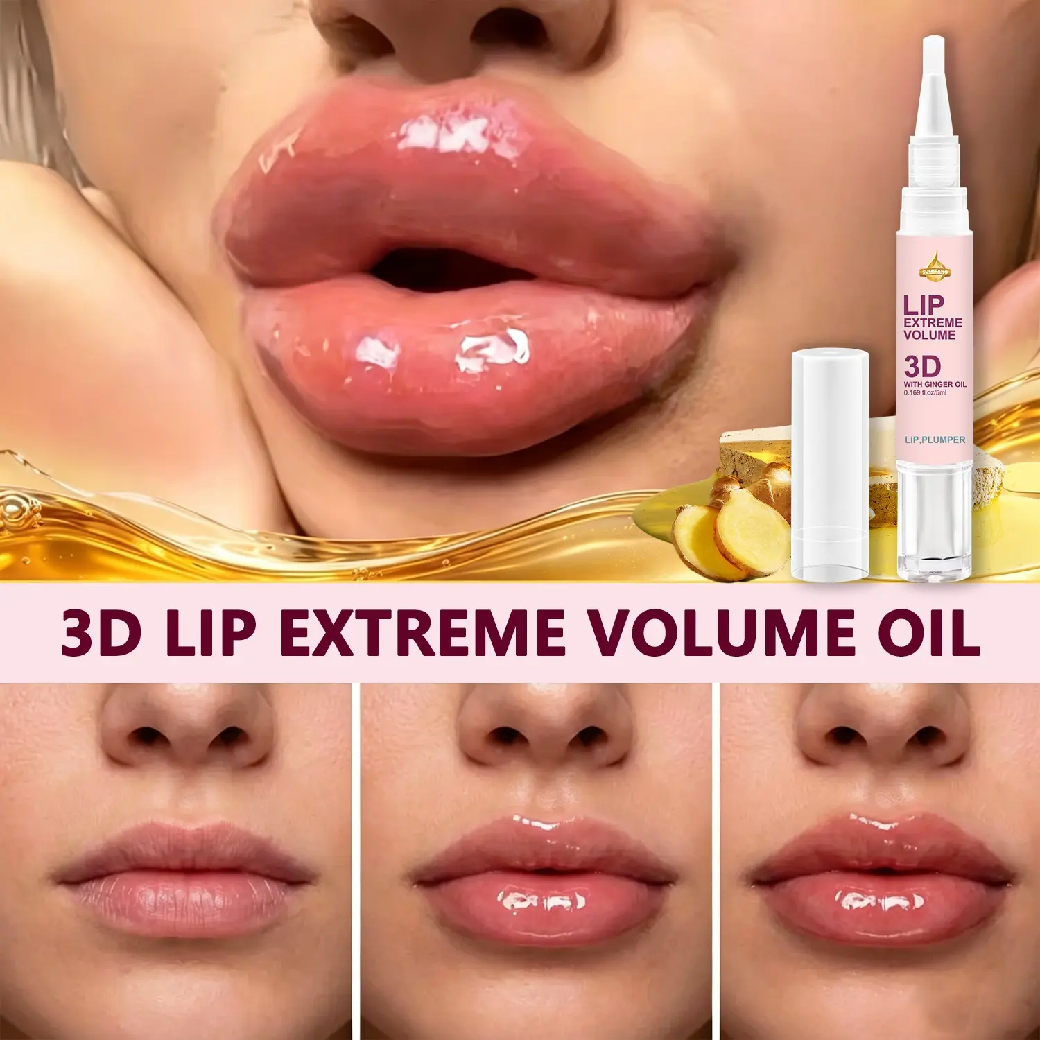 Ginger Oil Lip Essence: Moisturizes and plumps lips, reduces lip lines, cares for lip skin, moisturizes and brightens, improves dryness, provides lip base care, gently moisturizes, leaves lips smooth, and enhances lip shine, Lip Plumping