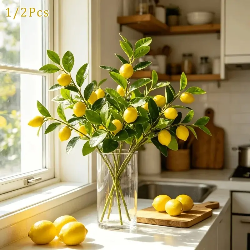 1/2Pcs Artificial Lemons Branches, Fruit, 3 Heads Fake Lemon Branches with Lemons for Vase, Realistic Fake Lemon Decoration