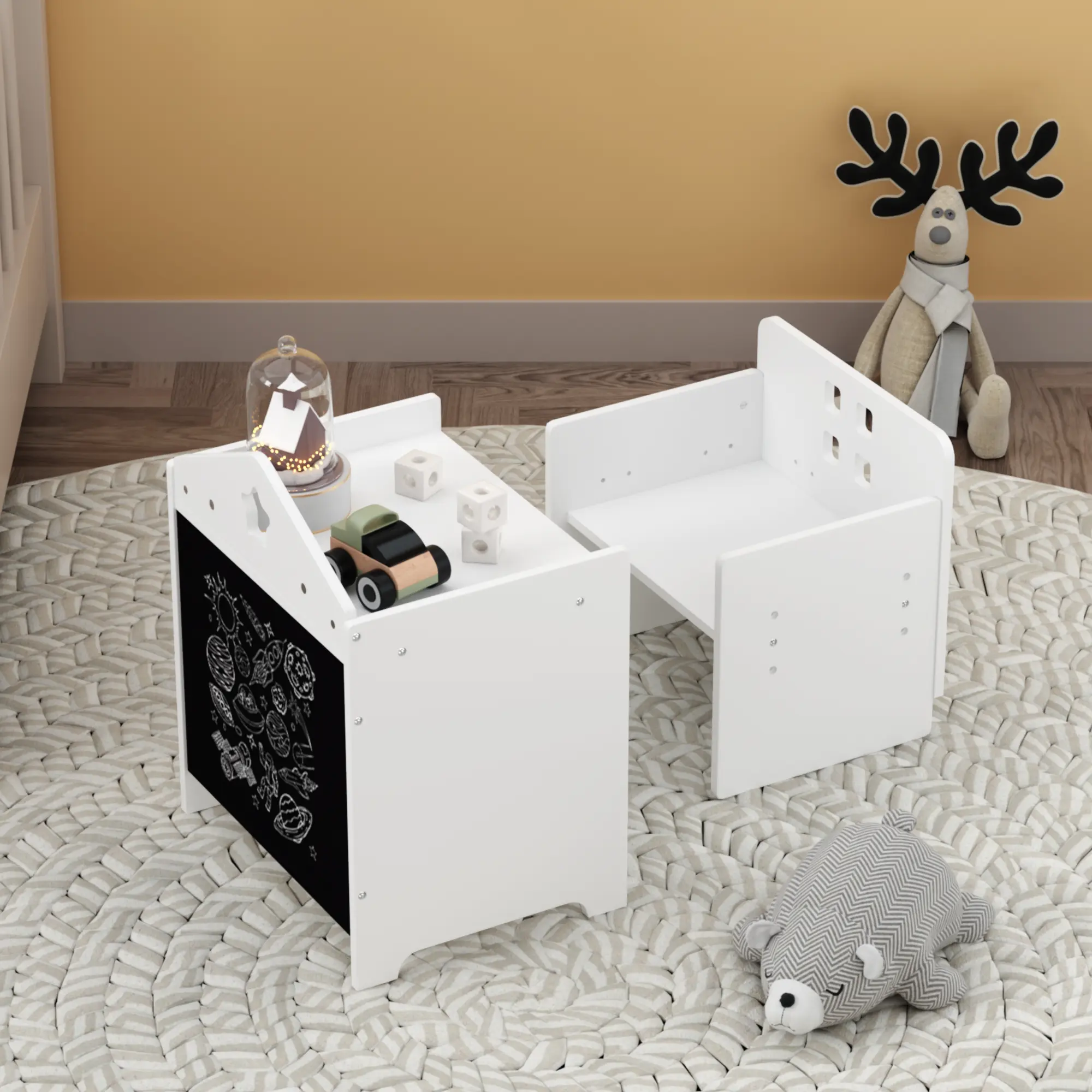 ARCH Kids Montessori MDF Wood Weaning Table & Chair Activity Set - Wooden Toddler Table with Blackboard Side, Adjustable Height Step Stool Chair, Indoor Children's Furniture for Eating,Drawing (1-3 Years, White, Primary Living Space)