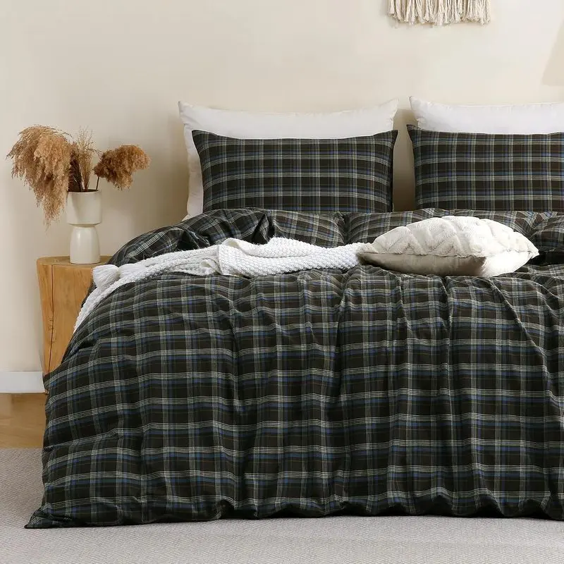 Queen Size Black Green Plaid Duvet Cover Set 3 Piece, 100% Cotton Checkered Bedding Set with 1 Duvet Cover and 2 Pillow Shams, Soft Breathable Rustic Farmhouse Bed Set