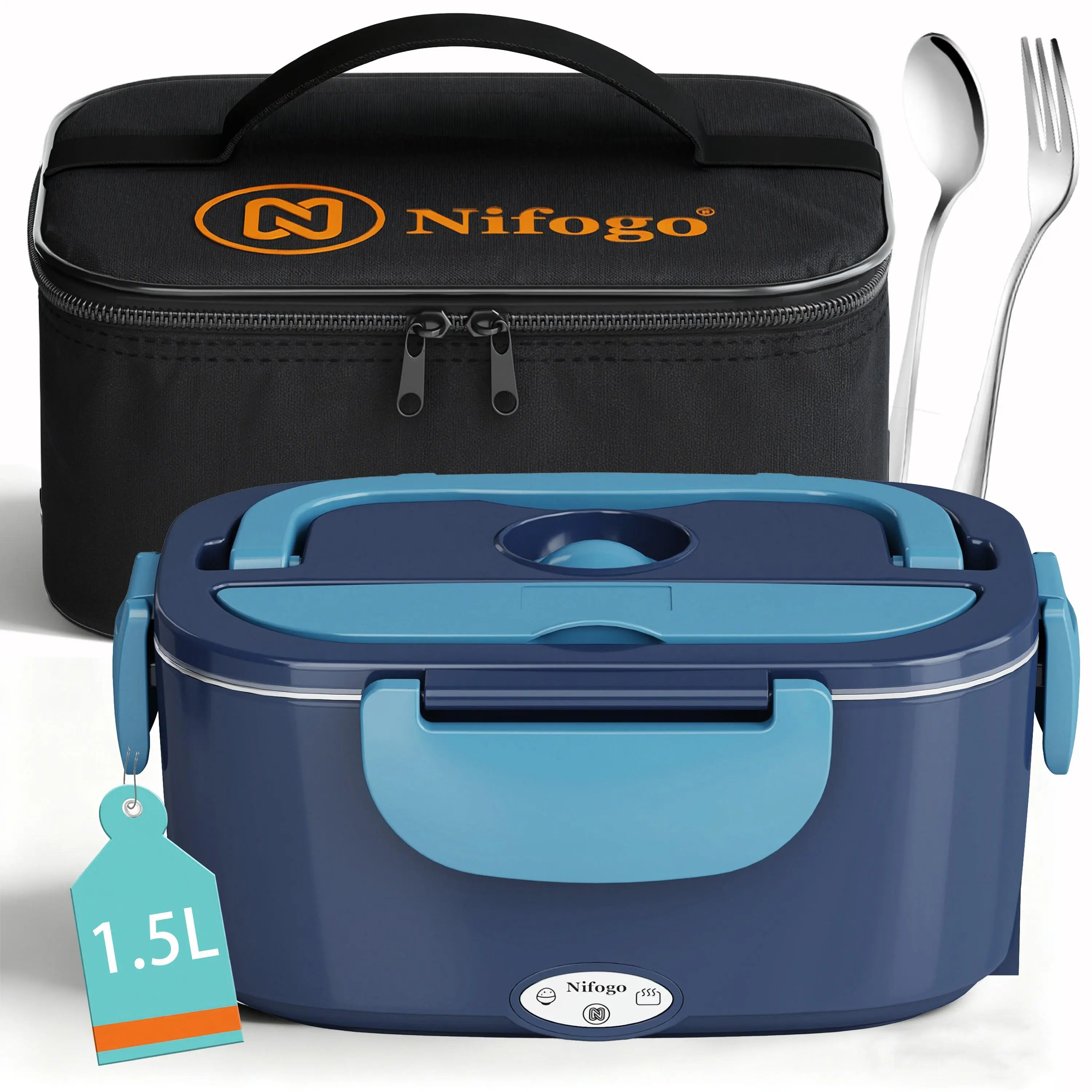 Nifogo Portable Electric Heated Lunch Box - 80W, 1.8L Stainless Steel, Leakproof Insulated Meal Prep Container, Display Screen, 12V-24V Car/Truck Ready, 110V for Lunch at Work, Square Black
