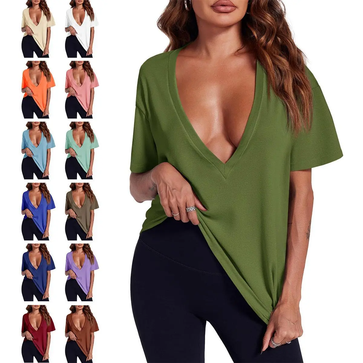 Imily Bela Women's Chic Deep V-Neck Short-Sleeve Loose Basic T-Shirt - Everyday Piece, Girly Casual Streetwear Top, Perfect for Summer Vacation Beach Outfits to Pair with Bikini