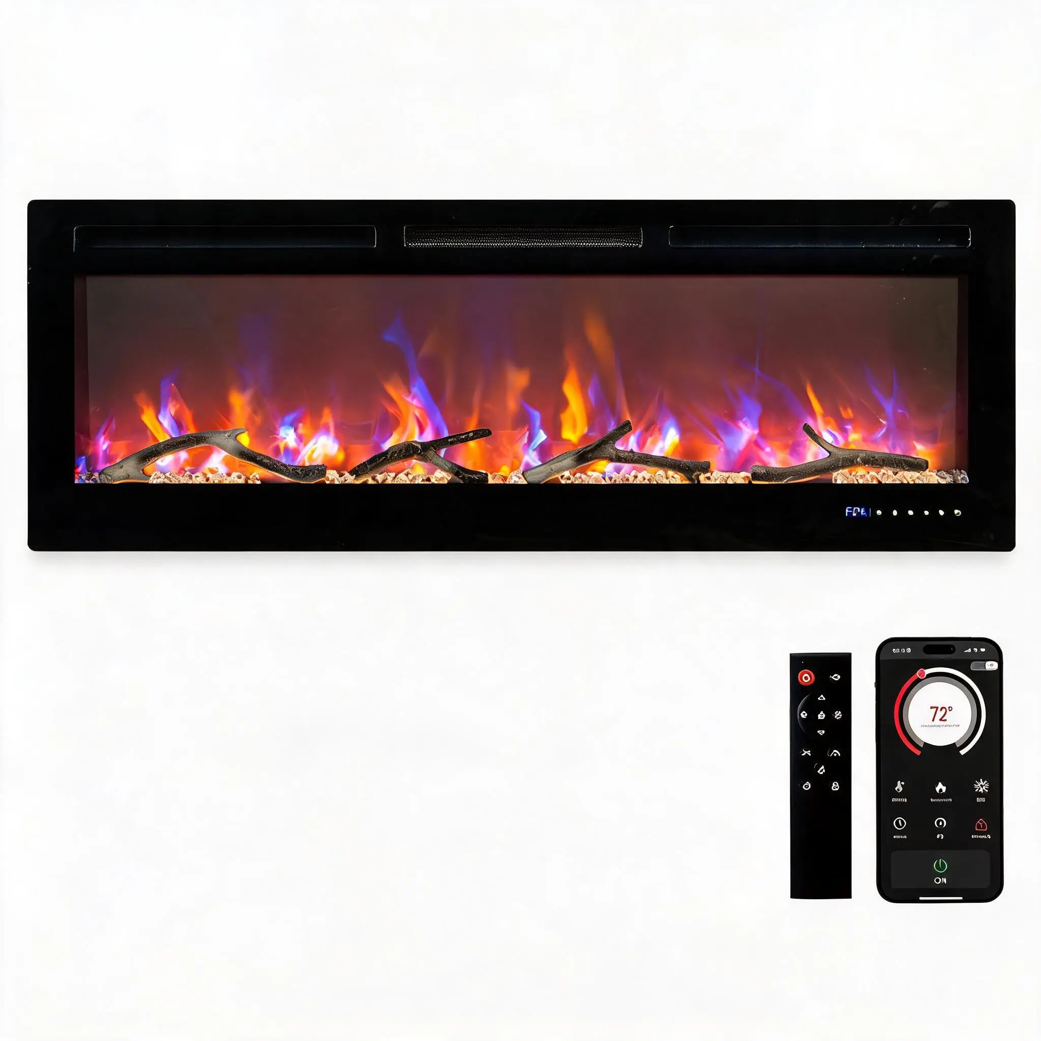 Garvee 50" Smart Electric Fireplace Insert with Heater, Wall-Mounted/In-Wall Recessed - WiFi Alexa App & Remote - 750/1500W Timer - Multicolor LED Flame, Log & Crystal, Black Tempered Glass