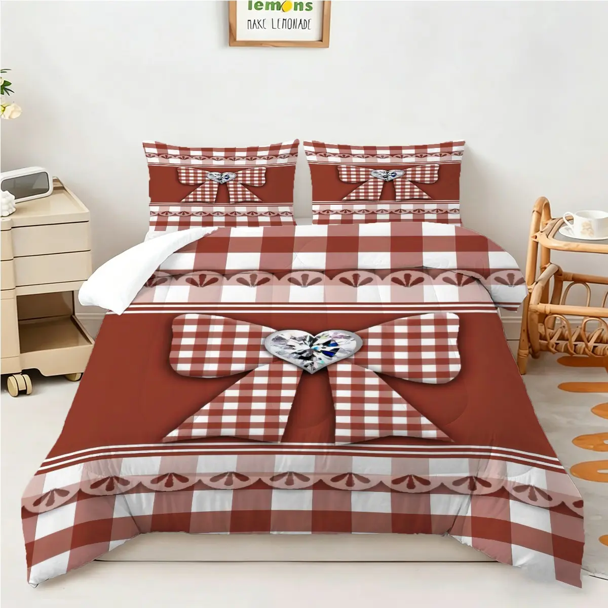 2/3Pcs Vintage Country Red White Gingham Bow Print Comforter set, Warm Farmhouse Stylish Bedding set, Easy-Care Bed in a bag, Pillow Inserts Not Included, For Airbnb, Rental House