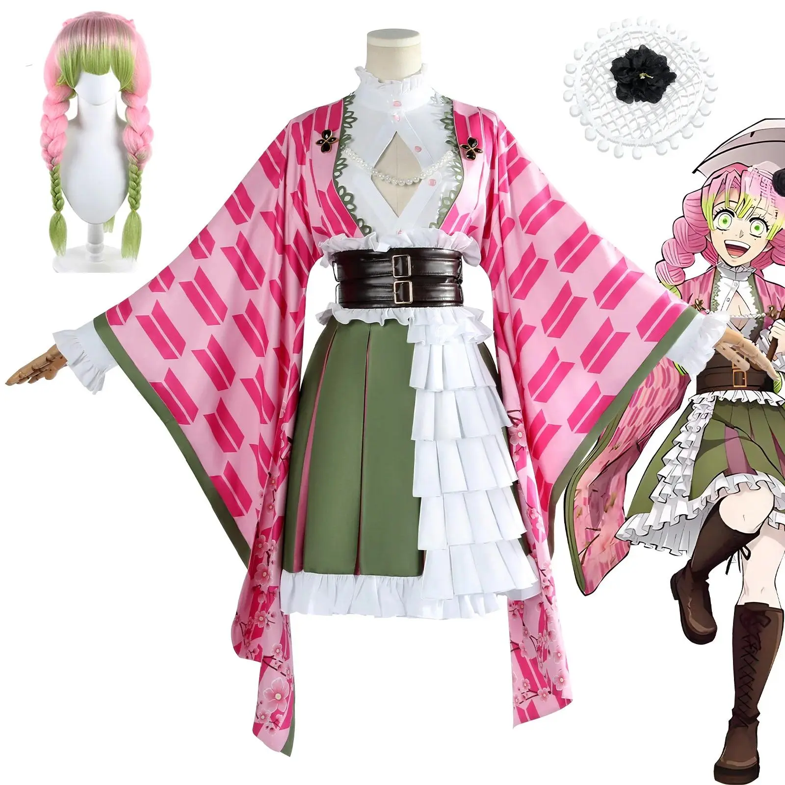 Kanroji Mitsuri Women's Cosplay Outfit Set - 1 Set Women's Clothes, Wig, Belt Accessories for Halloween Adult Anime Events (Toys & Hobbies Novelty Gag Toy)