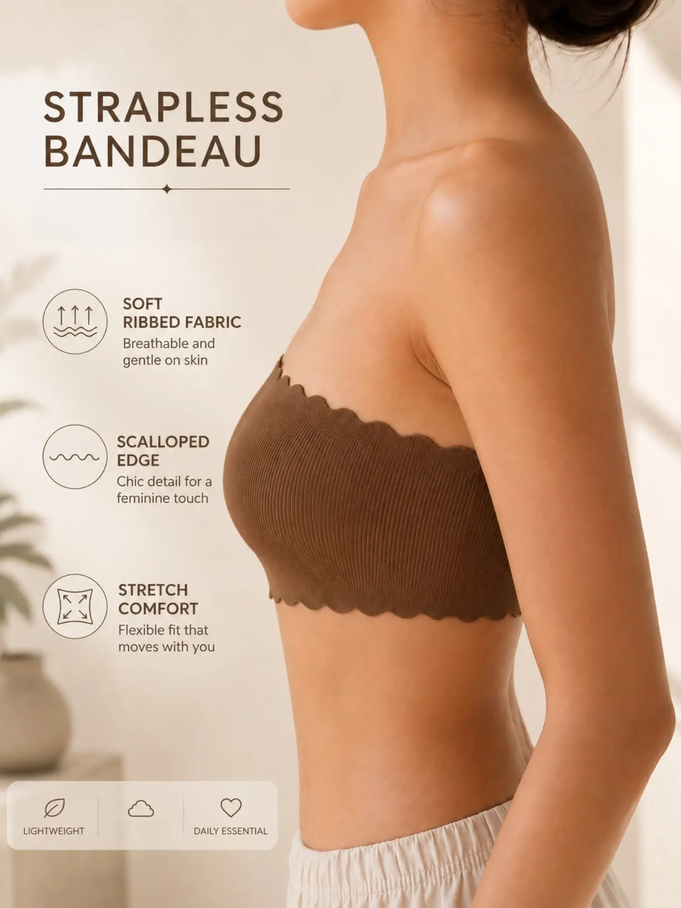 3 Pack Women Ribbed Seamless Bandeau Tube Top, Strapless No Slip Padded Bra, 4-Way Stretch Ultra Soft, Coffee Colors