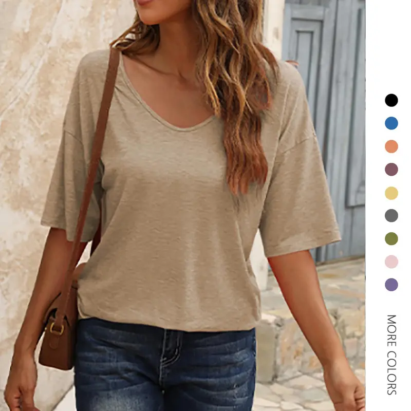 Women's Solid Oversized V-Neck Short-Sleeve Rayon-Spandex-Elastane T-Shirt - Sheer, Lightweight, Stretchy, Loose-Fit Women's Tops for Daily Outings, Party, Dressy Casual Summer Wear