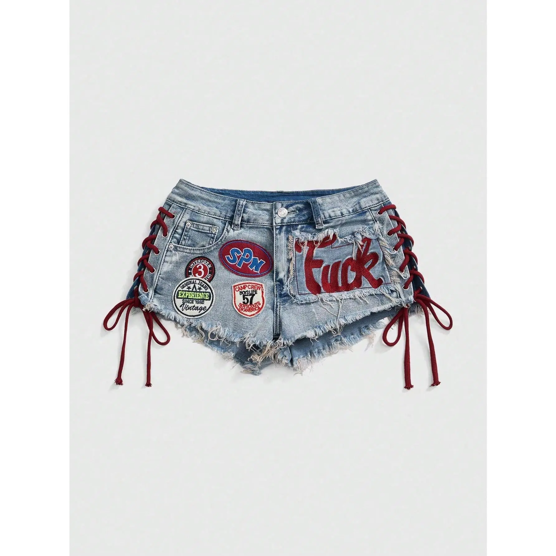 Spring/Summer Women's Y2K Retro Jersey Sports Ballet Style Graphic Logo Embroidered Drawstring Low Waist Mini Denim Shorts