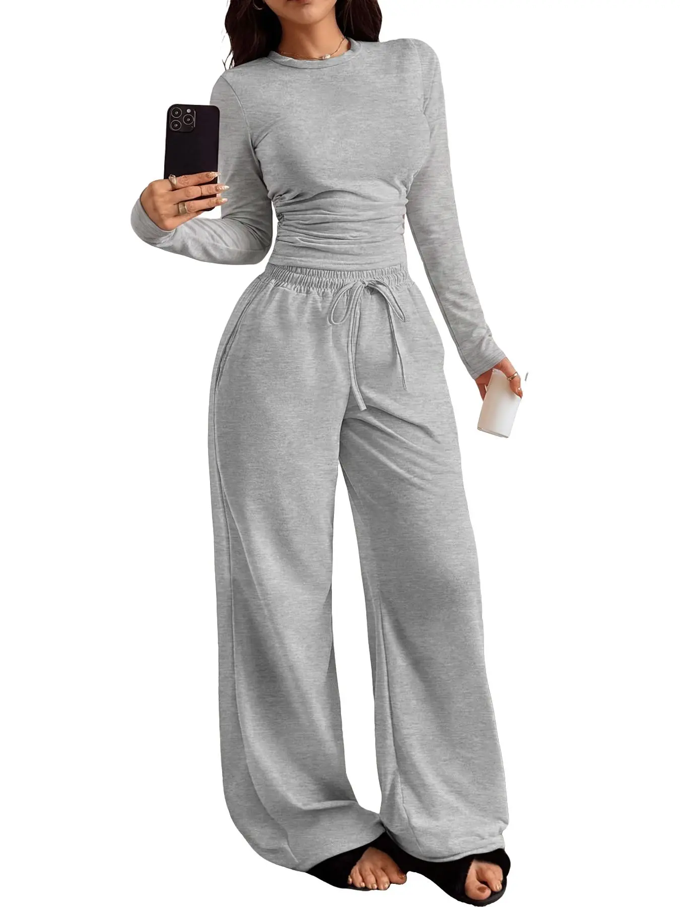 Women's 2-Piece Lounge Set Loungewear, Crew Neck Long Sleeve Ruched Top + Drawstring Wide Leg Pants with Pockets, Solid Color Casual Outfit