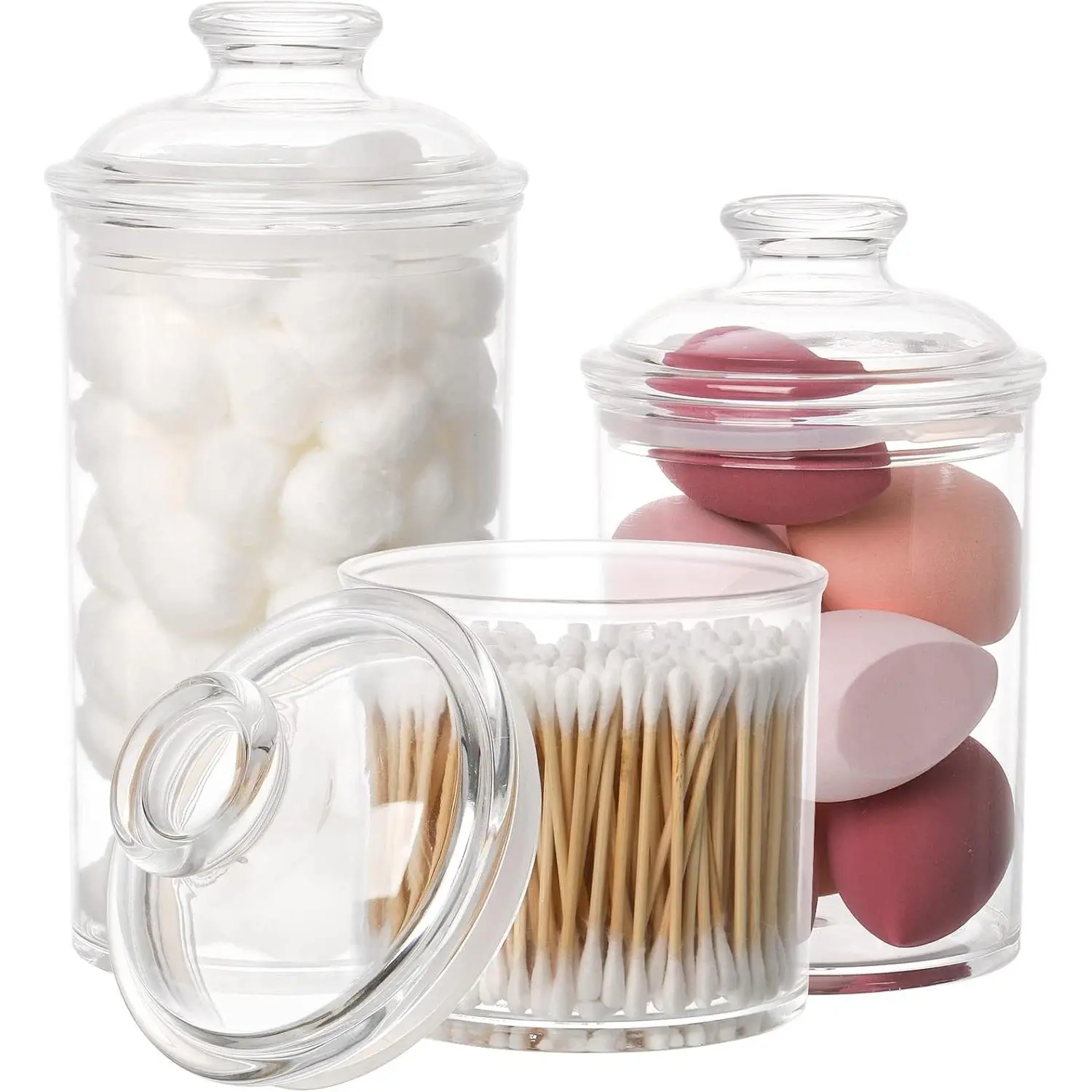 3 Pack Acrylic Apothecary Jars, Vanity Canister with Airtight Lid | Bathroom Cotton Swab Holder, Clear Storage Jar for Candy, Bath Salt, Cotton Ball, 34 oz, 25 oz, 17 oz