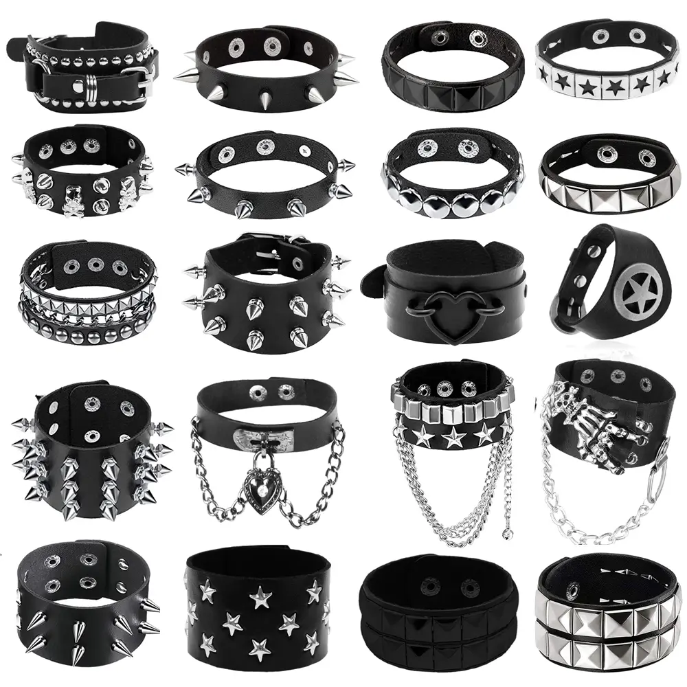 5/10/15Pcs Punk Studded PU Leather Rivet Spike Cuff Bracelets, Adjustable Size Grunge Style Bracelets & Bangles, Matching Sets Gothic Halloween Everyday Wear Metal Wristband Accessories